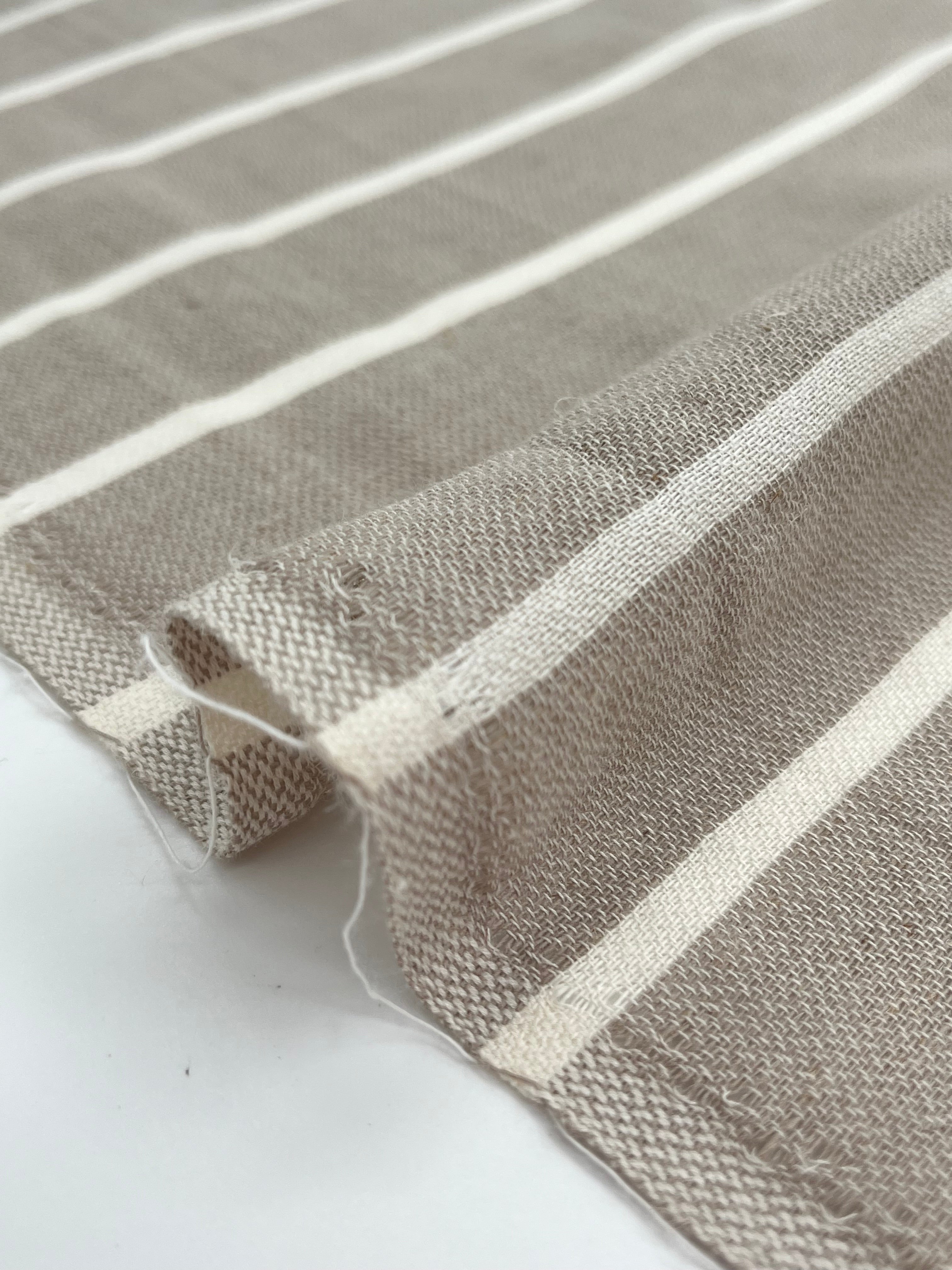Gray- White Striped Linen Organic Cotton Blended Fabric By The Meter.