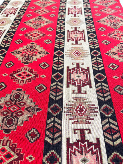 Ağır Gramajlı Kalın Jakarlı Pamuklu Kumaş Metre Başına 400/m2 - Döşemelik Geleneksel Anadolu Etnik Desenli - Döşemelik Kumaşlar. %70 Pamuk %30 Polyester - 140 cm Genişlik. Kilim Dokuma.