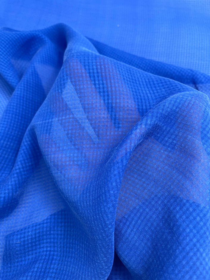 Transparent Marine Blue Gingham Patterned Stoned Silk.