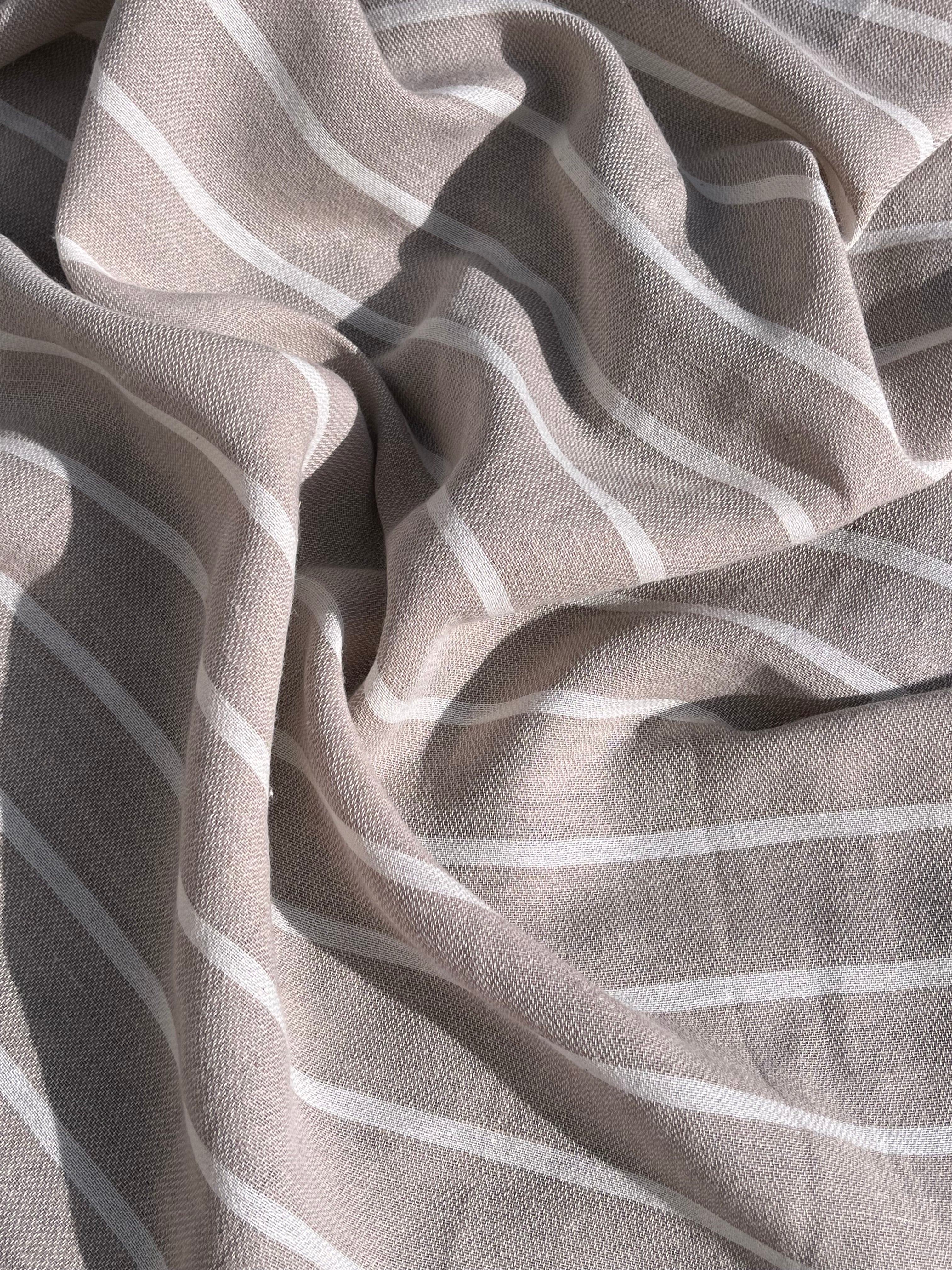 Gray- White Striped Linen Organic Cotton Blended Fabric By The Meter.