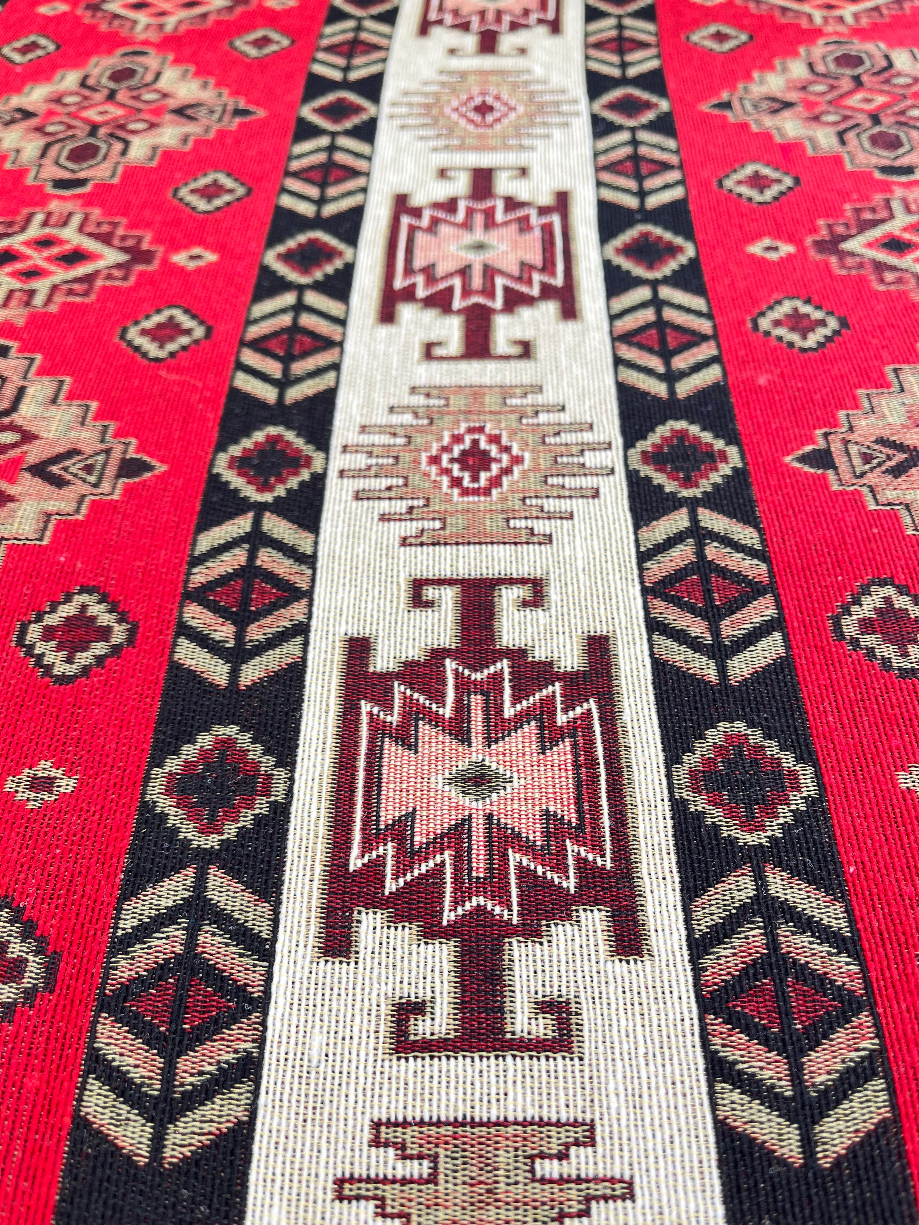 Ağır Gramajlı Kalın Jakarlı Pamuklu Kumaş Metre Başına 400/m2 - Döşemelik Geleneksel Anadolu Etnik Desenli - Döşemelik Kumaşlar. %70 Pamuk %30 Polyester - 140 cm Genişlik. Kilim Dokuma.