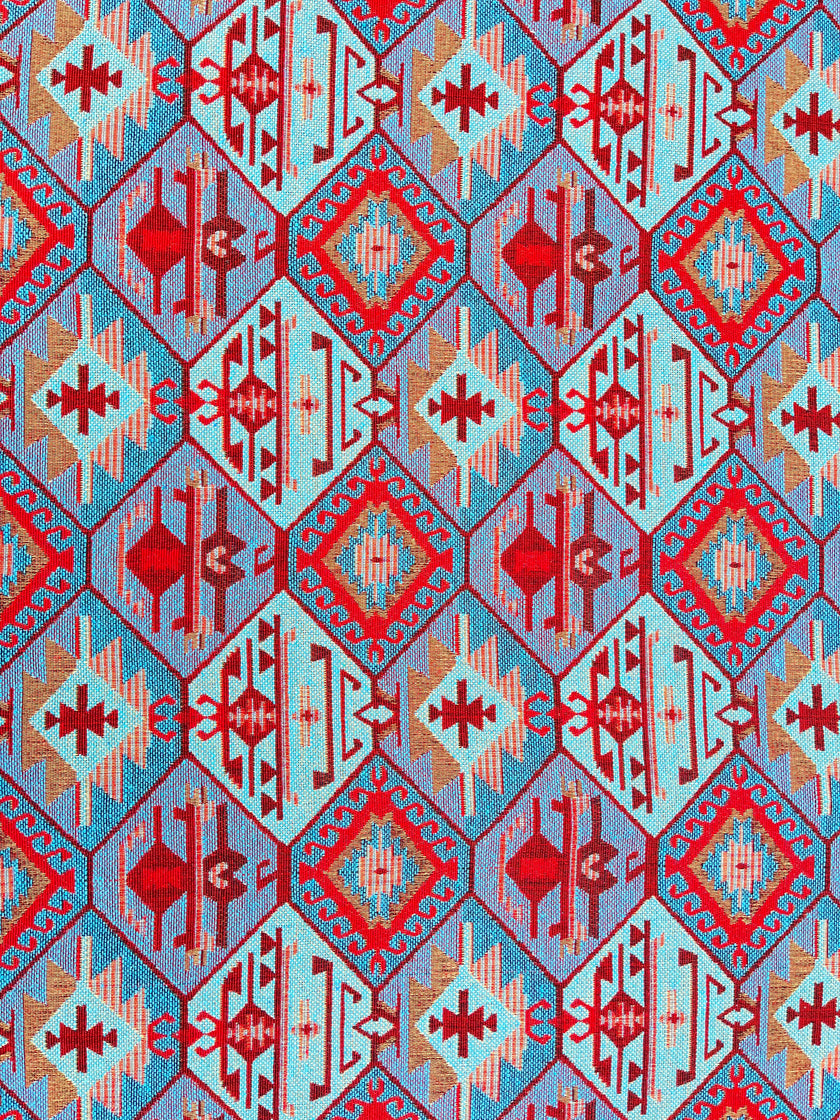 Ağır Gramajlı Kalın Jakarlı Pamuklu Kumaş Metre Başına 400/m2 - Döşemelik Geleneksel Anadolu Etnik Desenli - Döşemelik Kumaşlar. %70 Pamuk %30 Polyester - 140 cm Genişlik. Kilim Dokuma.