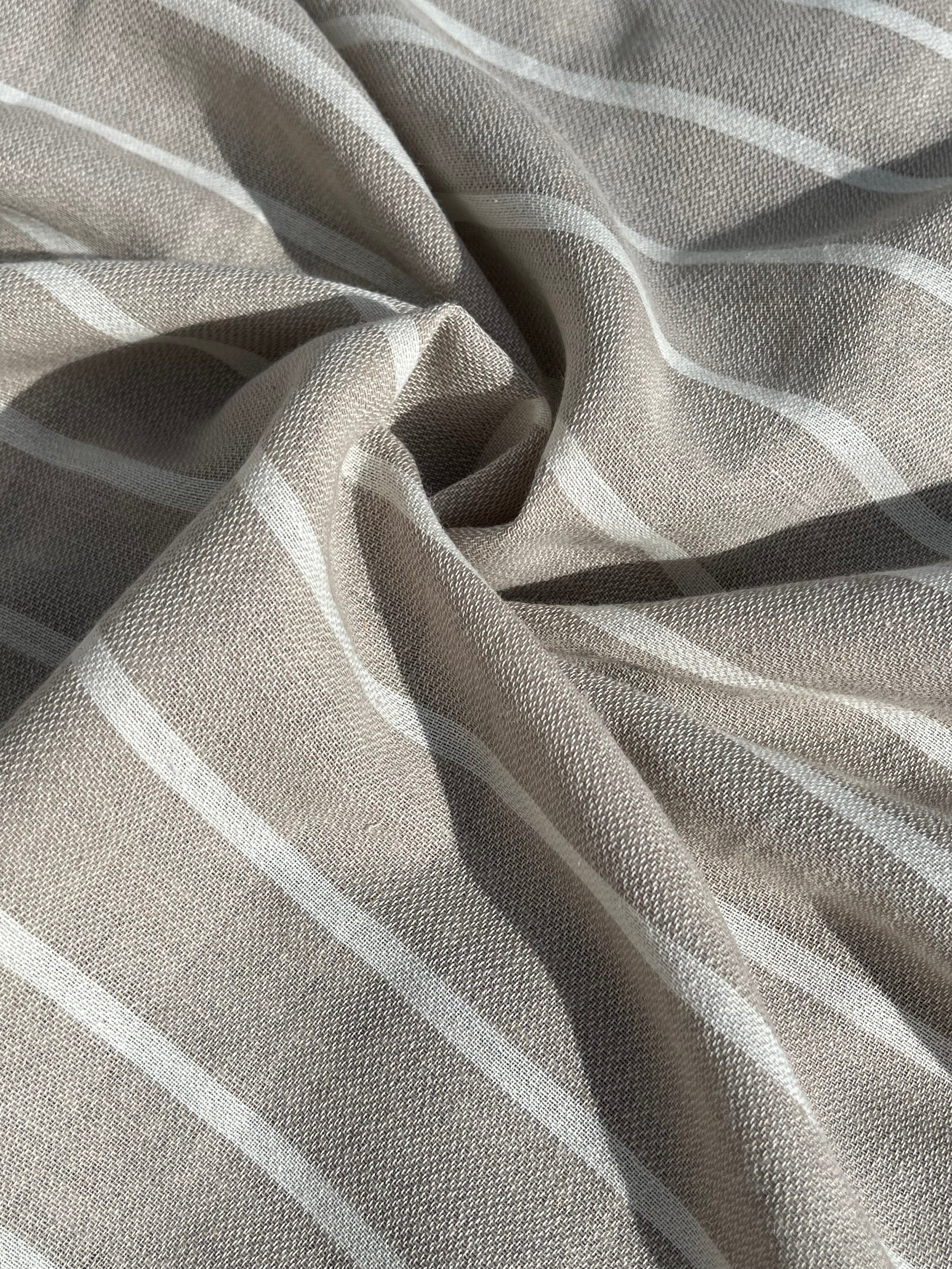 Gray- White Striped Linen Organic Cotton Blended Fabric By The Meter.