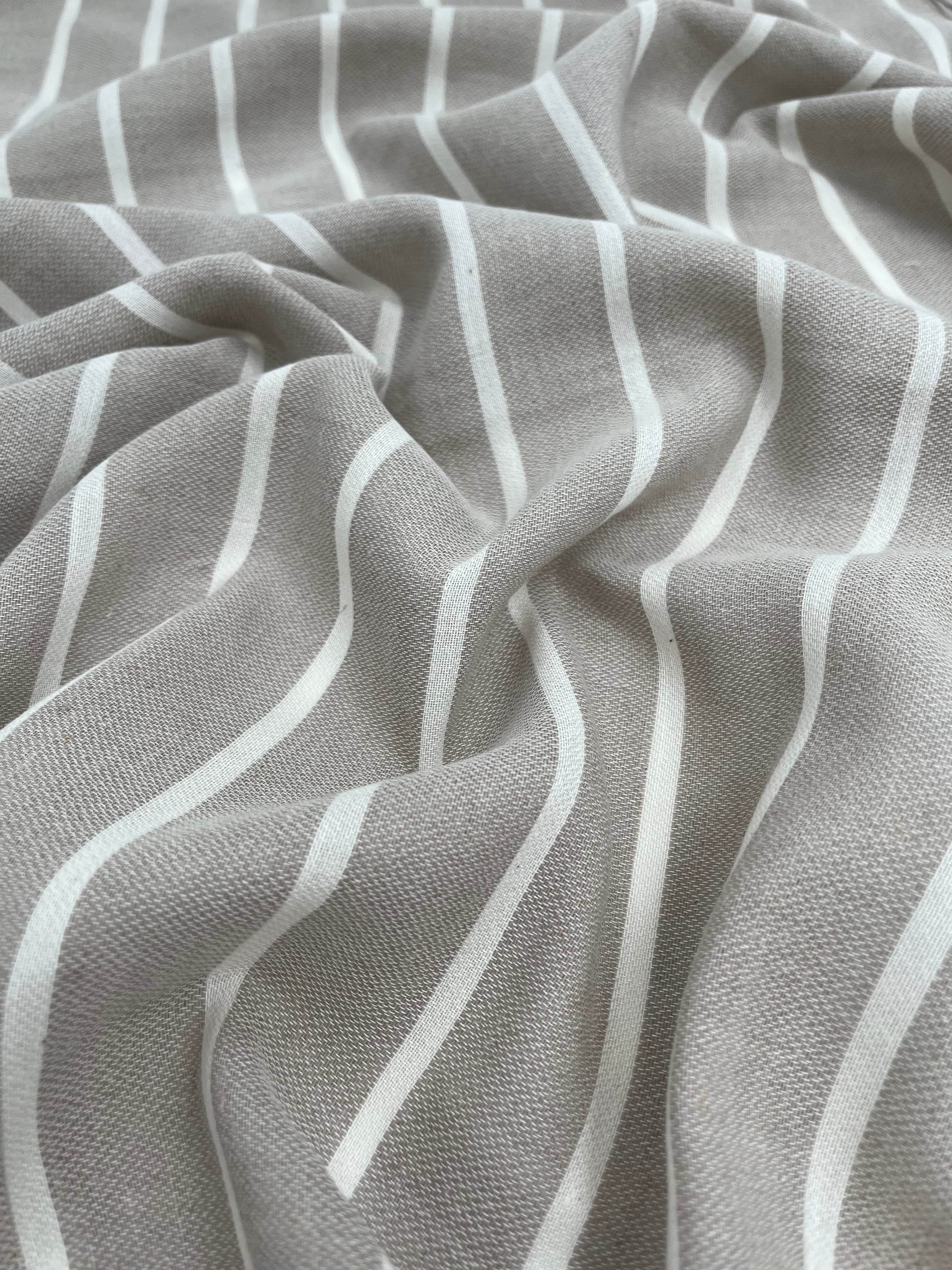 Gray- White Striped Linen Organic Cotton Blended Fabric By The Meter.
