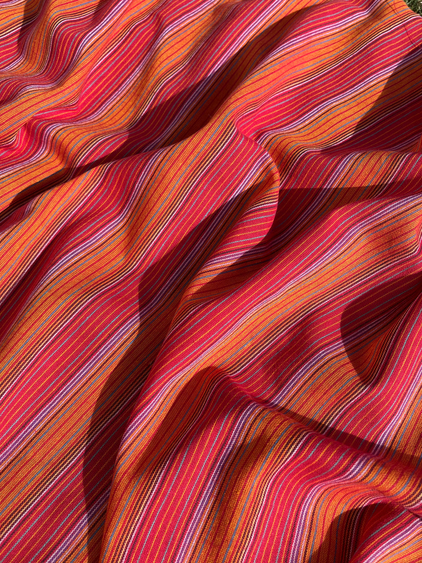 Metreyle Organik Pamuklu Kumaş, Çizgili İplik Boyalı Kumaş, Geniş En. Pembe Kırmızı Çok Renkli Seçenekler.