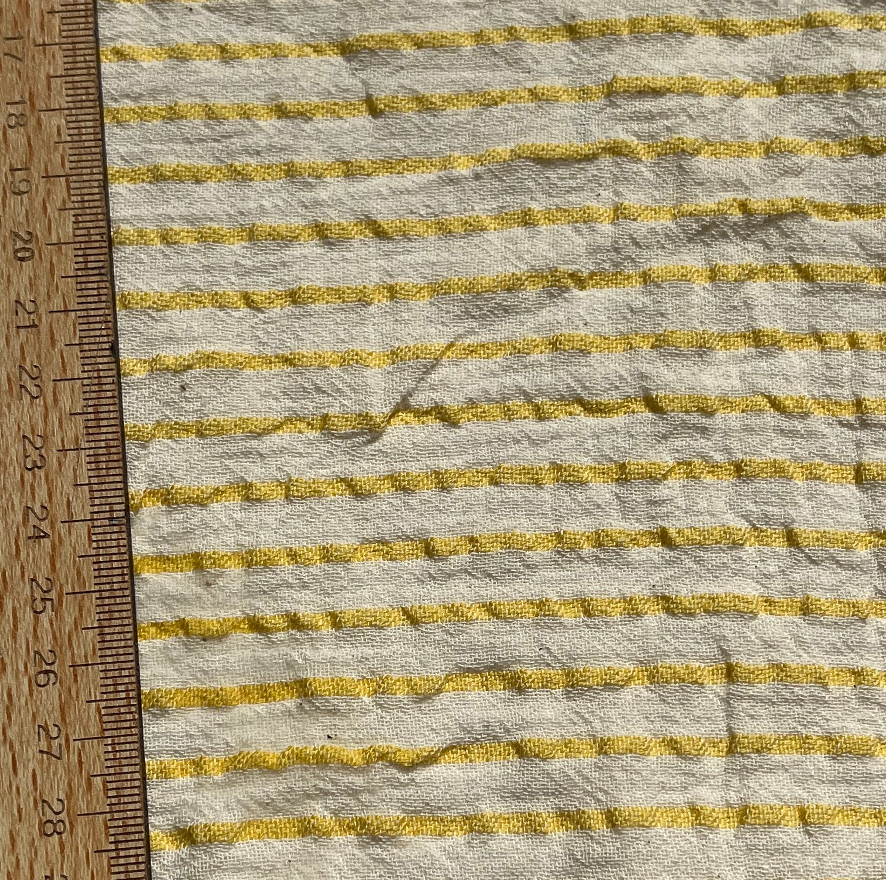 Yellow Striped Organic Cotton Fabric By The Meter, Crinkle Fabric With Pin Stripes.