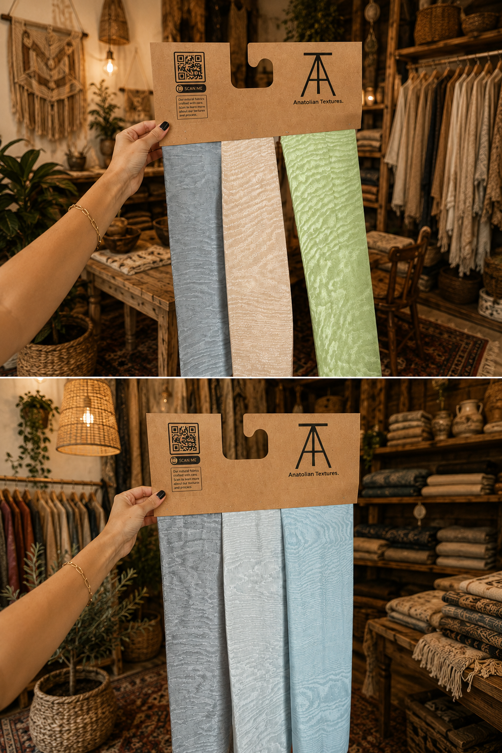 A person in a rustic boutique holds up a cardboard hanger displaying three fabric swatches: light blue, cream, and sage green. The bottom half shows the same fabrics folded and arranged on a table in the shop.