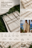 A product information graphic for a DIY beach dress fabric panel made from 100% natural cotton. The collage shows close-up views of the woven fabric texture, a model wearing the finished beach dress, and feature callouts including natural fringed edges and linen stripes.