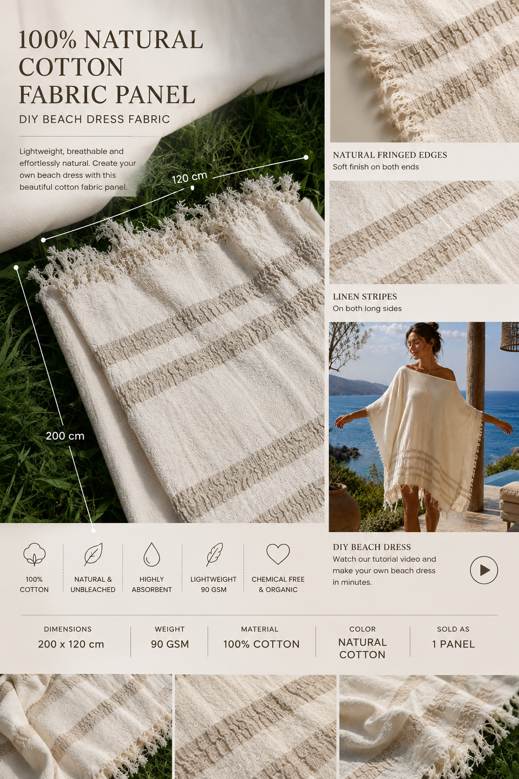 A product information graphic for a DIY beach dress fabric panel made from 100% natural cotton. The collage shows close-up views of the woven fabric texture, a model wearing the finished beach dress, and feature callouts including natural fringed edges and linen stripes.