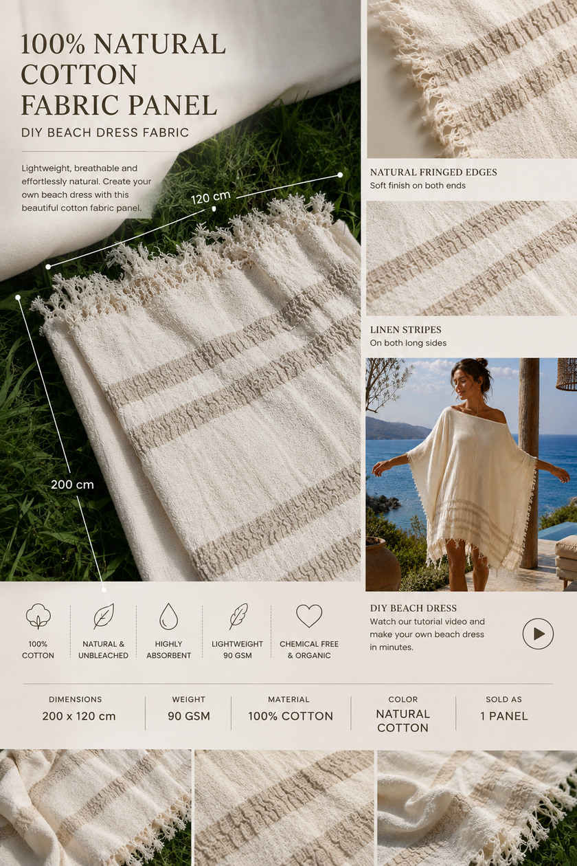A product information graphic for a DIY beach dress fabric panel made from 100% natural cotton. The collage shows close-up views of the woven fabric texture, a model wearing the finished beach dress, and feature callouts including natural fringed edges and linen stripes.