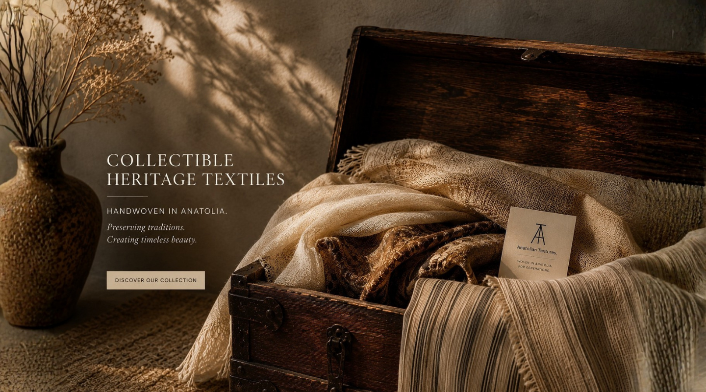 A rustic wooden trunk open on a textured floor, filled with draped woven textiles in warm beige, cream, and brown tones. A small card with an 'A' logo rests inside the trunk.