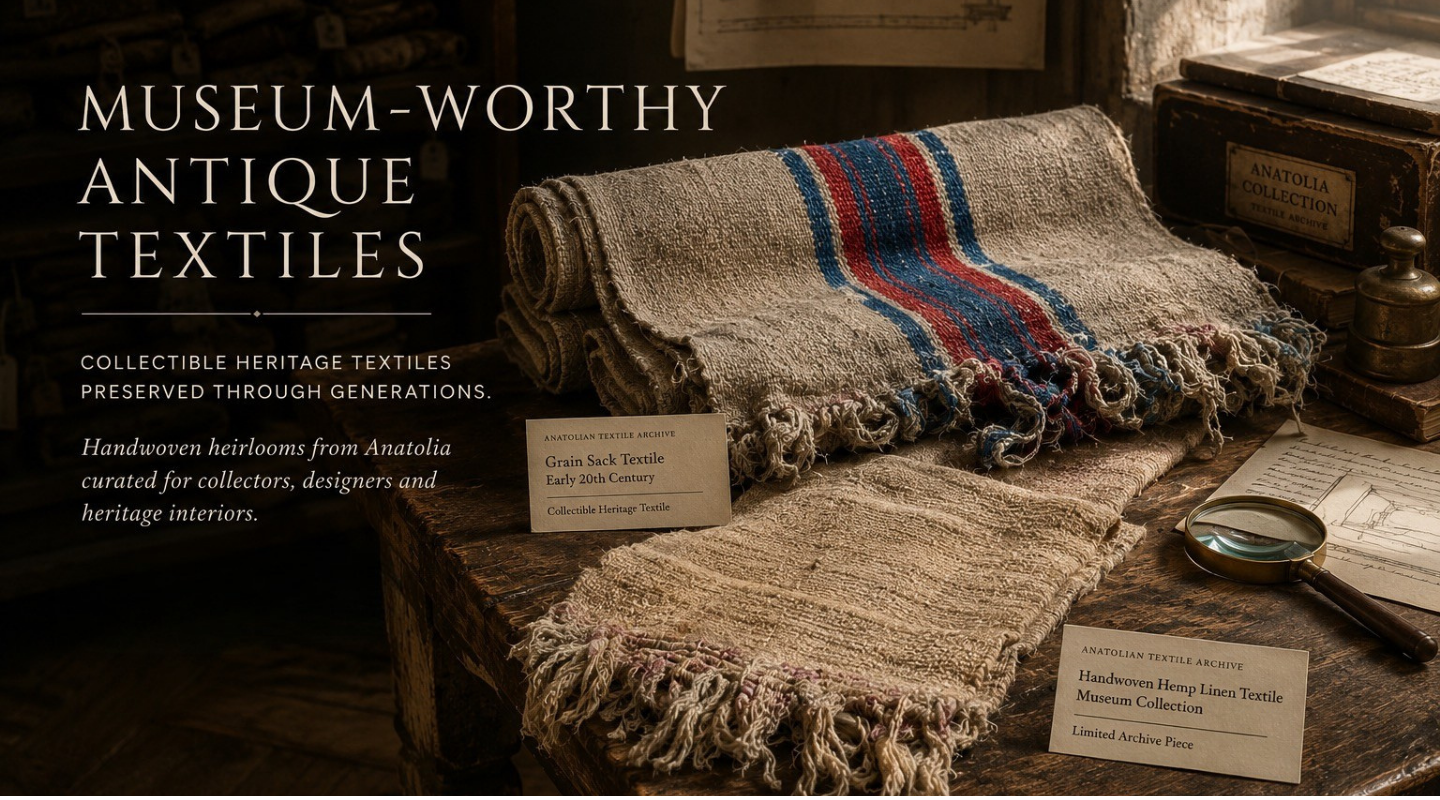 A styled display of antique textiles on a wooden table, including a rolled woven textile with blue and red stripes, a flat fringed textile, and small product cards, under the heading 'Museum-Worthy Antique Textiles'.