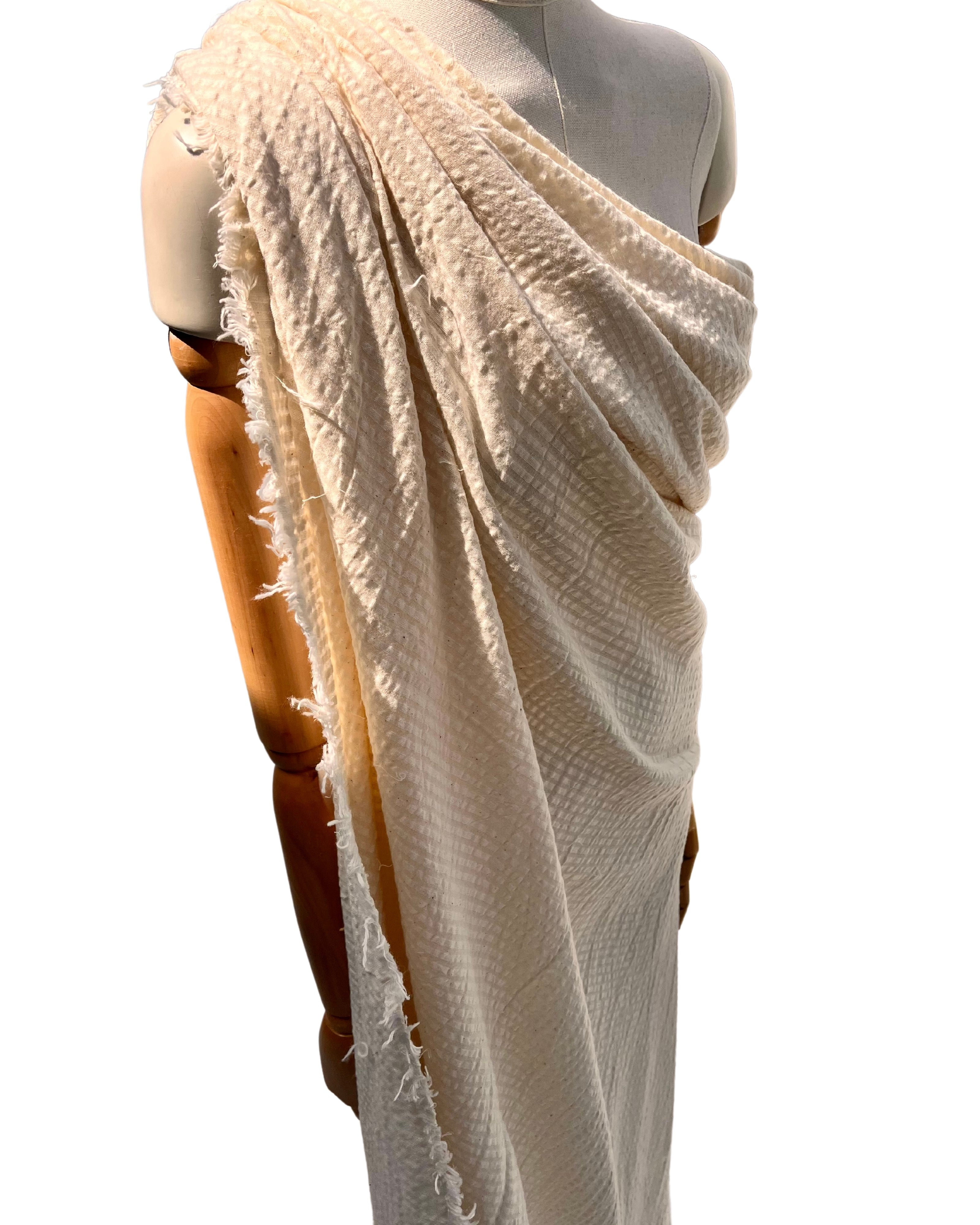 Ecru Cotton Linen Fabric By The Meter, Neutral Undyed Pin Stripes.