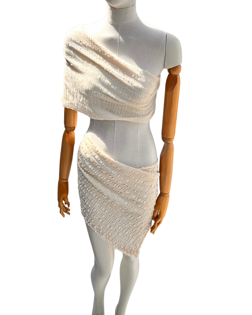 Nötr Dokulu Pamuklu Esnek Buruşuk Kumaş: Kimono Yaz Etekleri Yenidoğan Kıyafetleri İçin Benzersiz Kalite | Esnek Seçenekler, El Dokuması.