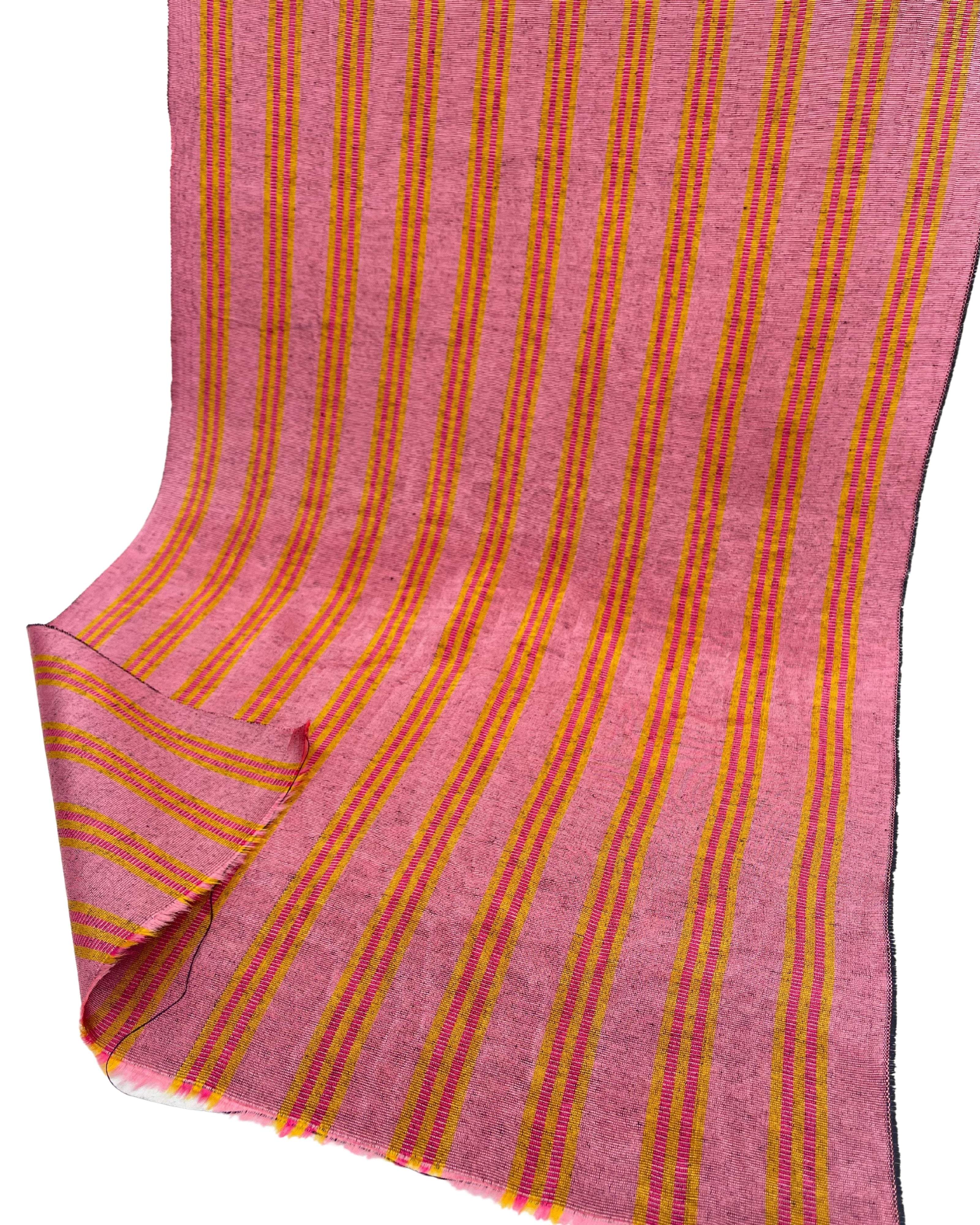 Pastel Pink Silk Moire Fabric, Watermark Pattern, Yellow Stripes.