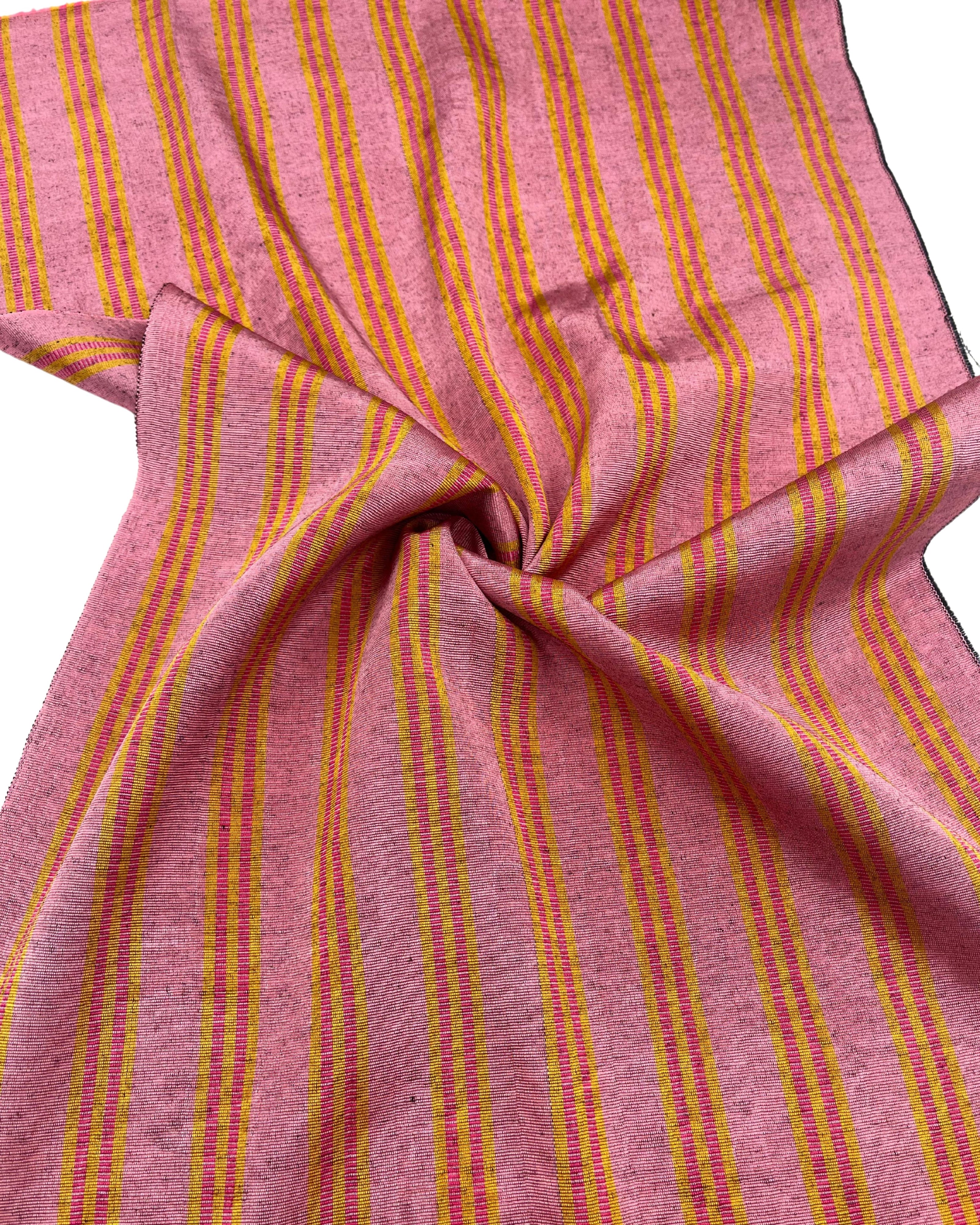 Pastel Pink Silk Moire Fabric, Watermark Pattern, Yellow Stripes.