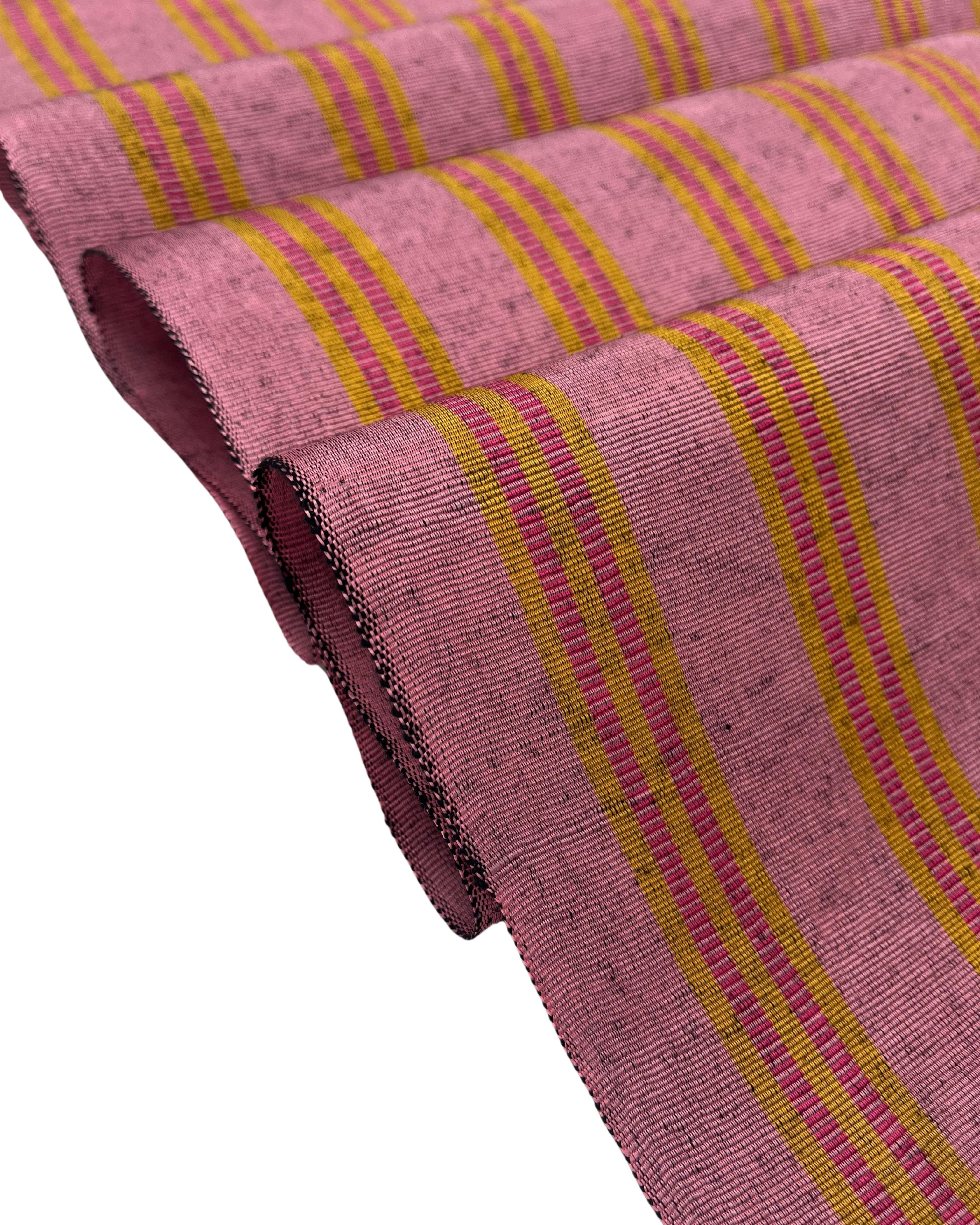 Pastel Pink Silk Moire Fabric, Watermark Pattern, Yellow Stripes.