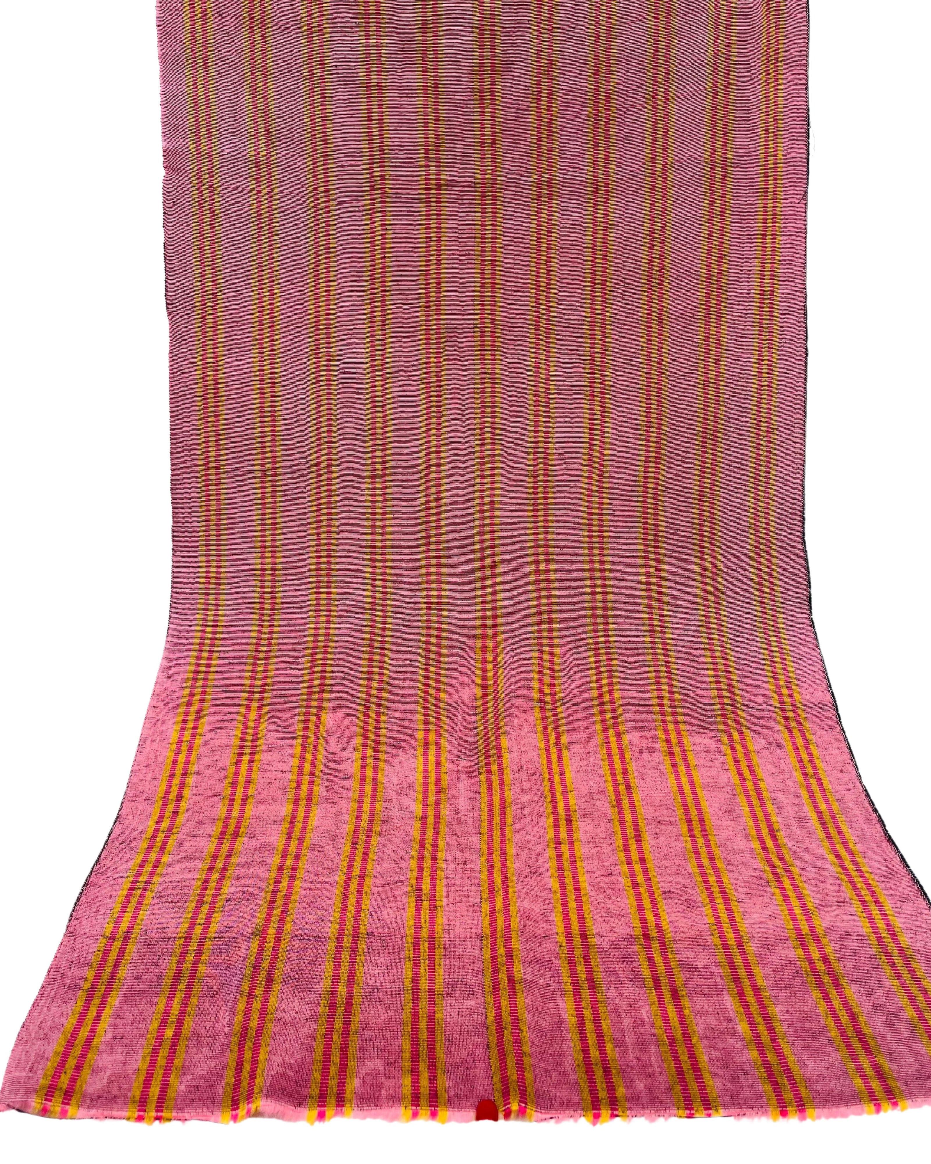 Pastel Pink Silk Moire Fabric, Watermark Pattern, Yellow Stripes.