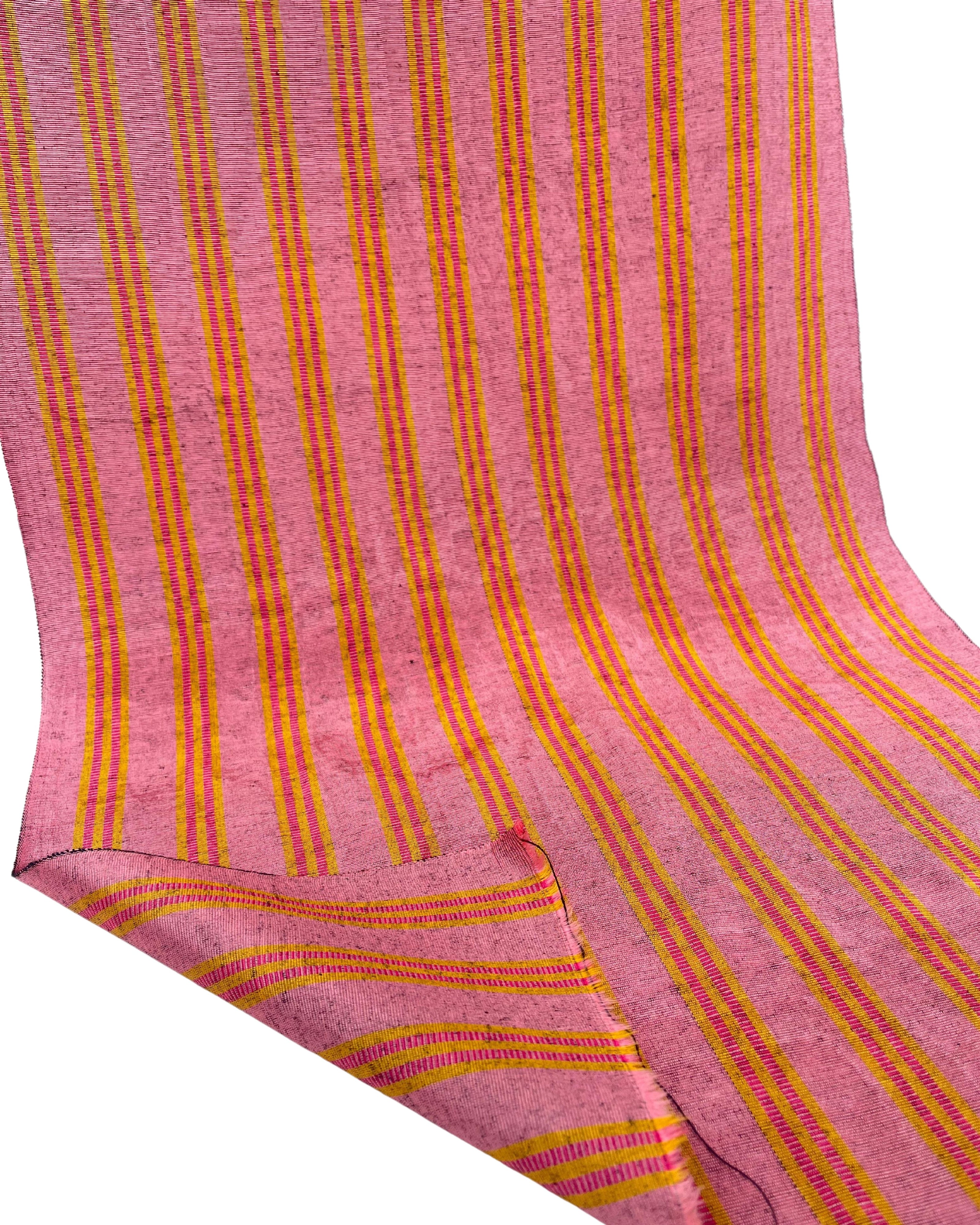 Pastel Pink Silk Moire Fabric, Watermark Pattern, Yellow Stripes.