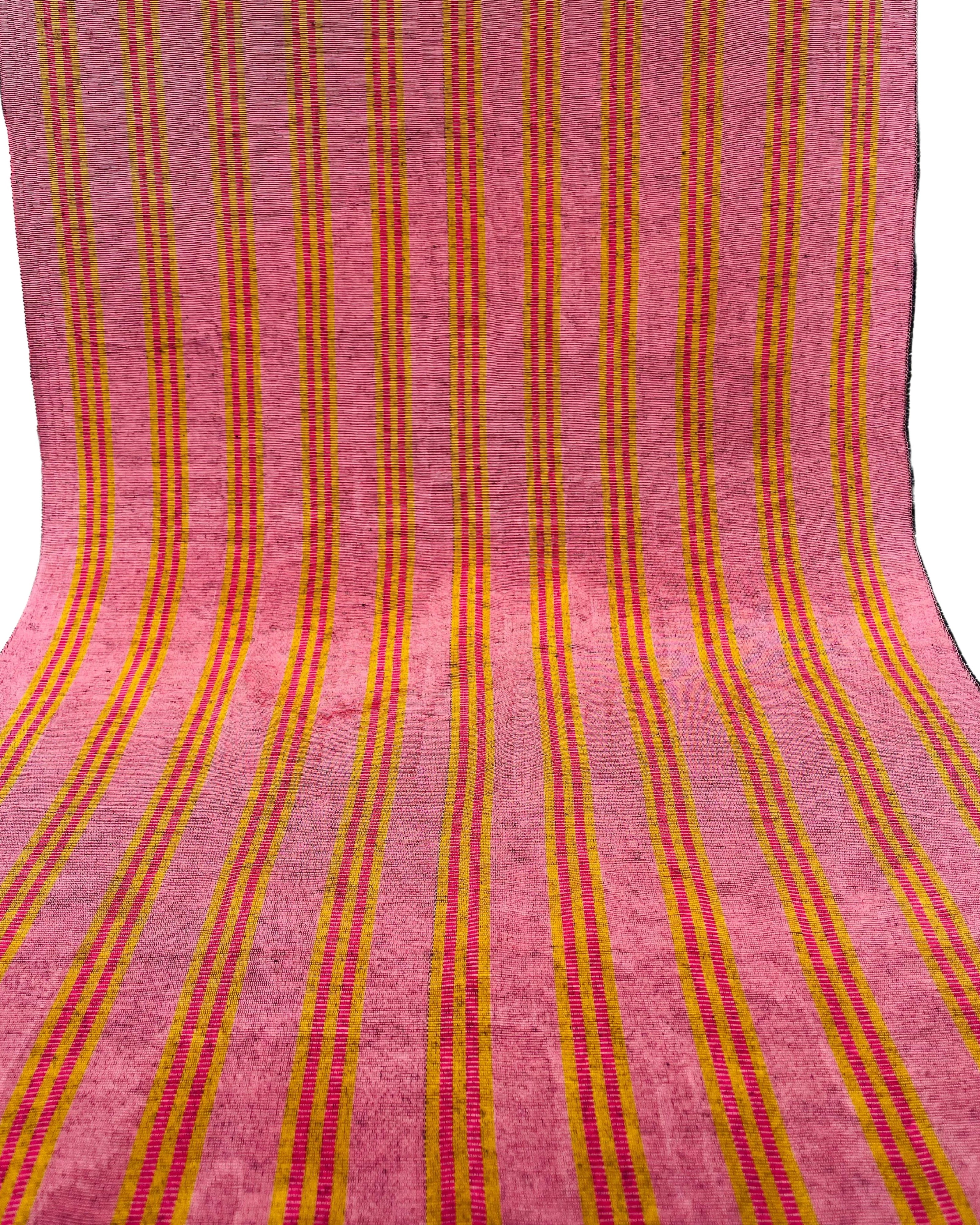 Pastel Pink Silk Moire Fabric, Watermark Pattern, Yellow Stripes.