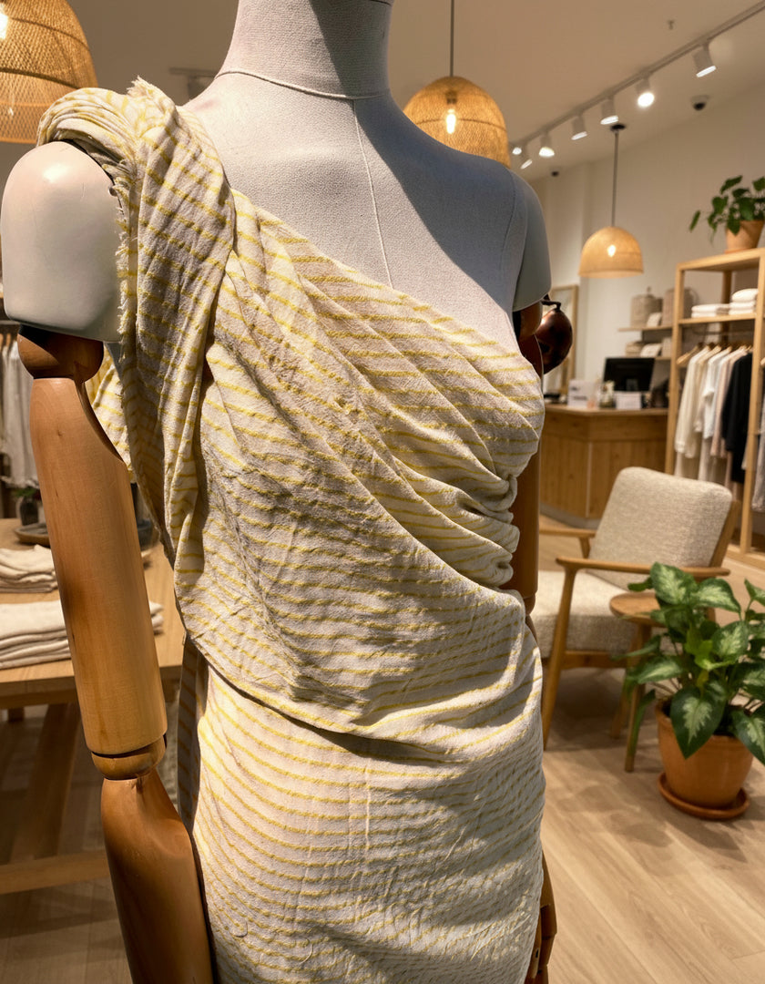 Metre ile Sarı Çizgili Nötr Organik Pamuklu Kumaş, Çizgili Buruşuk Kumaş, Geniş En.