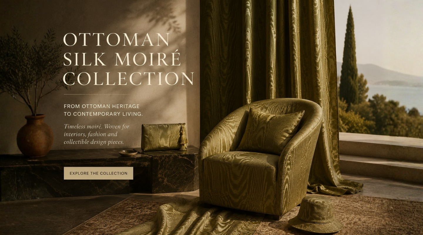 An elegant olive green velvet armchair with a matching pillow in a luxurious interior setting, next to a window with drapes and a view of a landscape. Text on the left reads 'OTTOMAN SILK MOIRÉ COLLECTION'.
