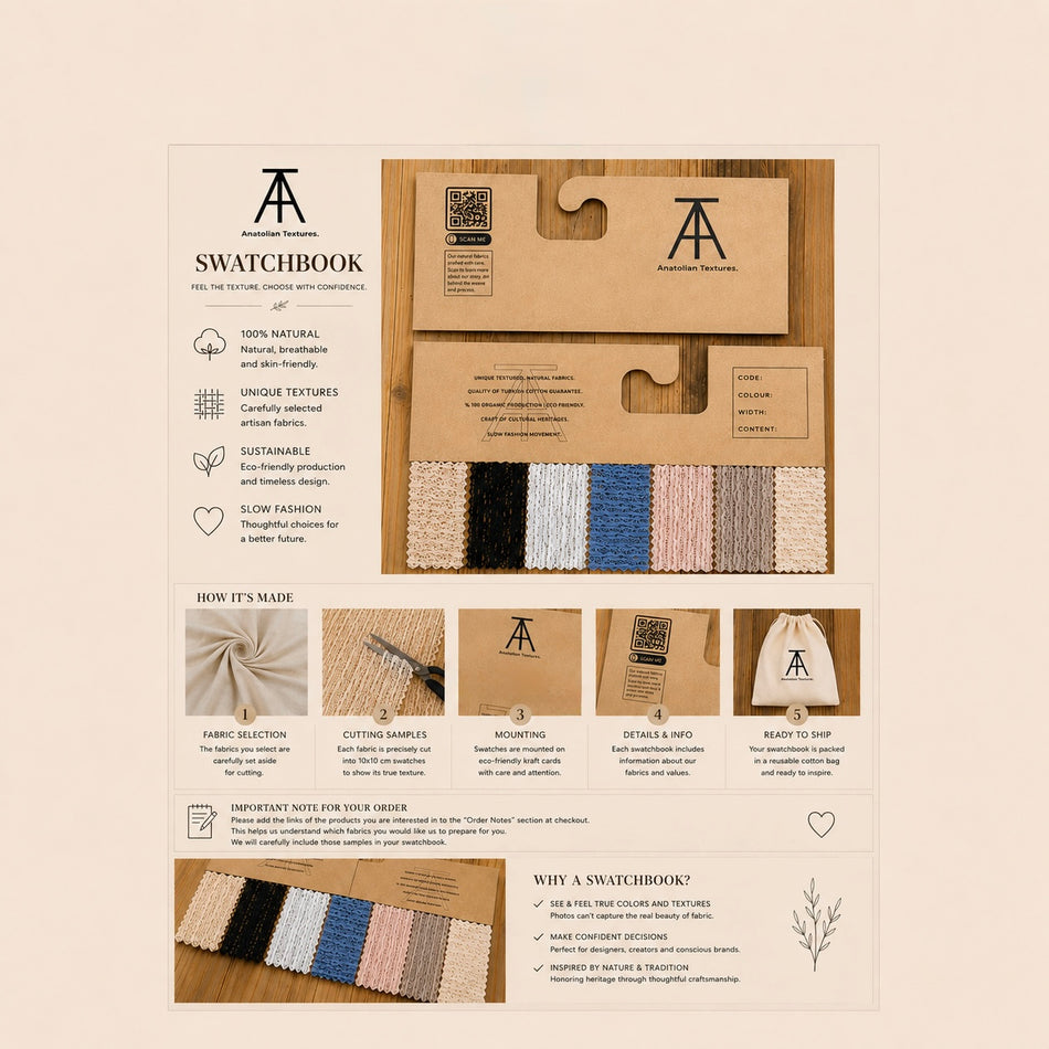 A promotional infographic for the 'Swatchbook' by 'A A Design Studio', showcasing a cardboard packaging box filled with various fabric swatches in different colors and textures, set against a light beige background with informational text.