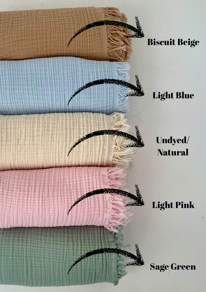 Organic Muslin Baby Blanket – 140x100cm Double Layered, Undyed Cotton, Newborn Swaddle with Fringed Edges – Light Pink, Blue, Sage, Biscuit