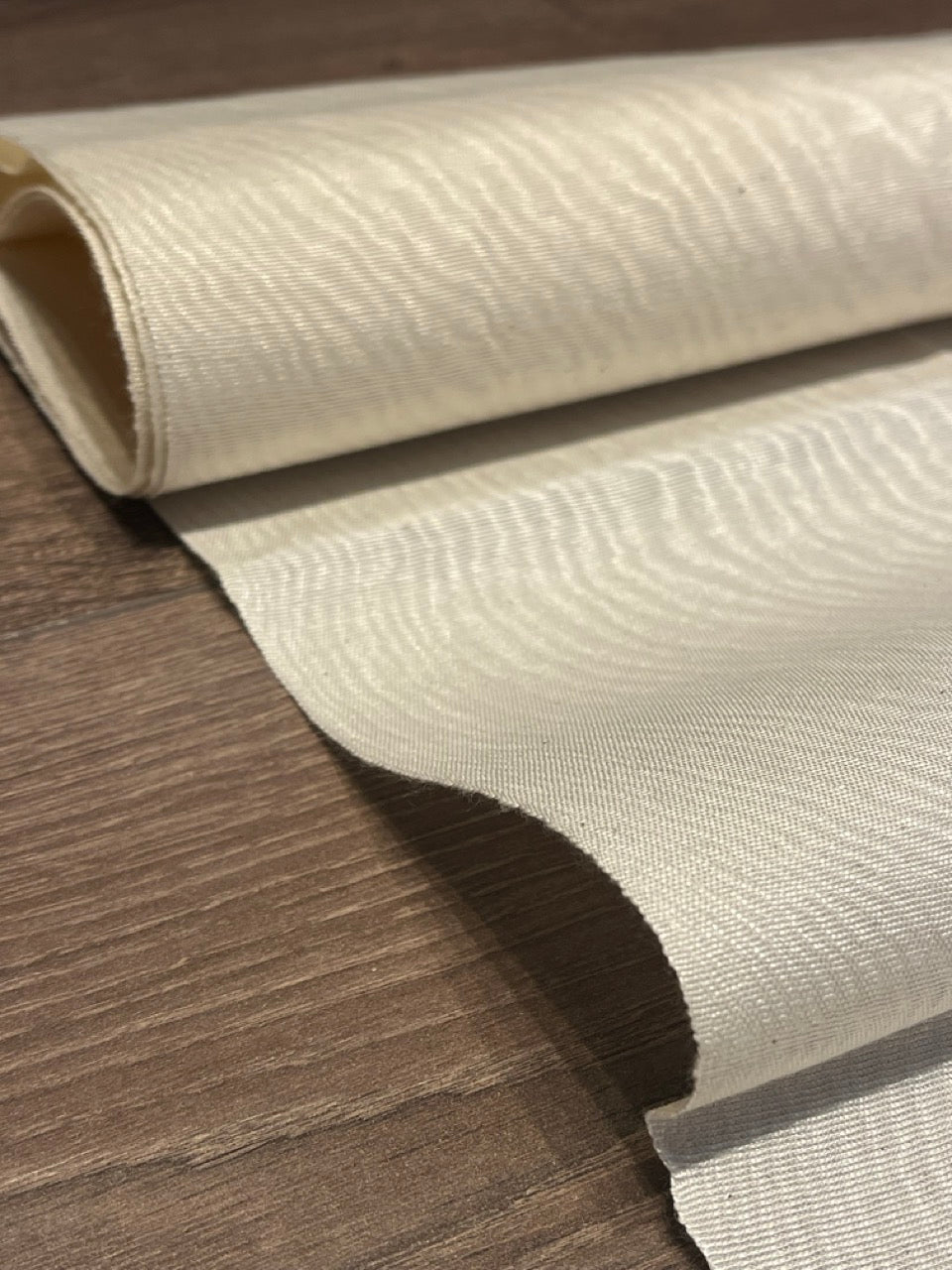 Ecru White Silk Moire For Home Textile Interior Fabrics, Watermark Pattern.