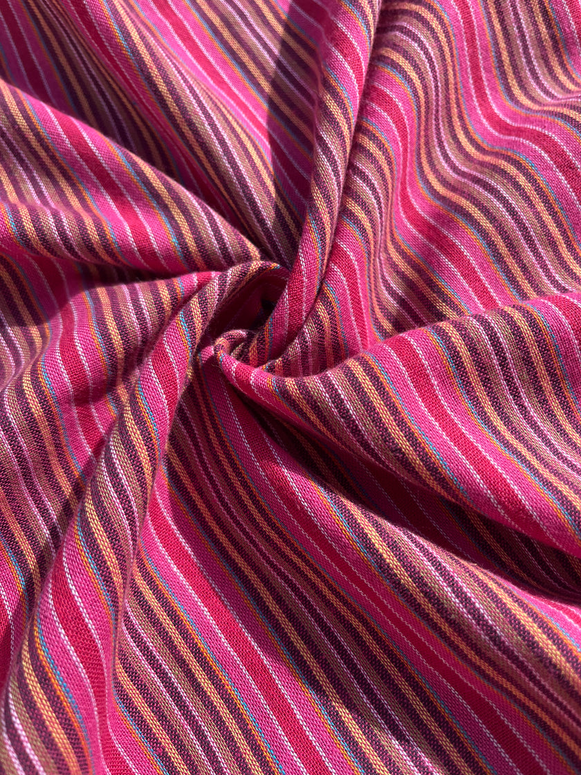 Metreyle Organik Pamuklu Kumaş, Çizgili İplik Boyalı Kumaş, Geniş En. Pembe Kırmızı Çok Renkli Seçenekler.