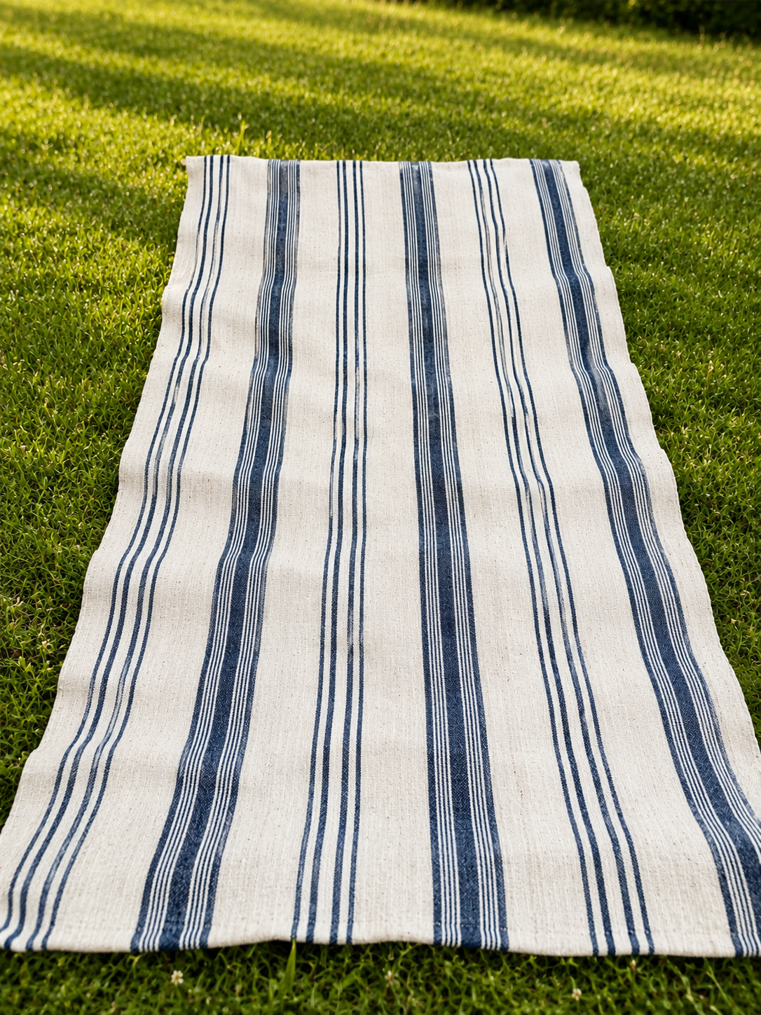 Vintage Blue Striped Grain Sack Linen Fabric – French Farmhouse Upholstery Textile | Organic Linen Cotton