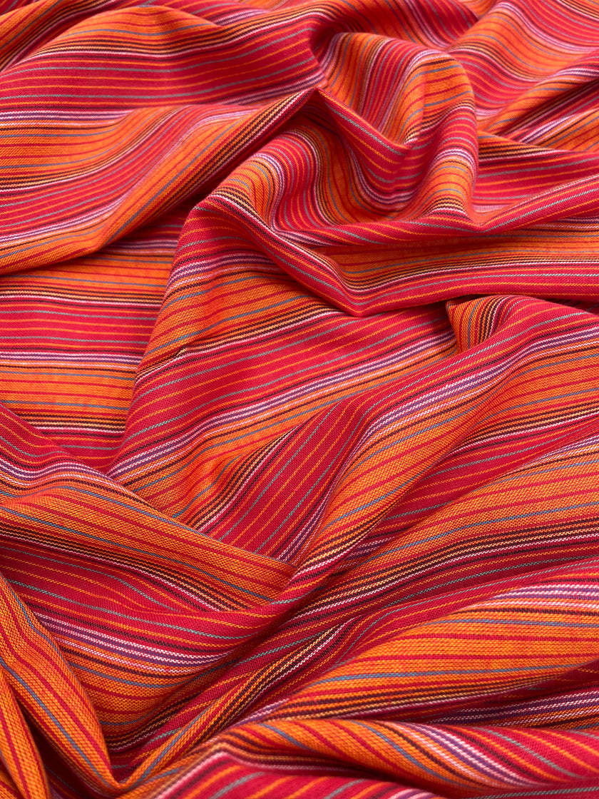 Metreyle Organik Pamuklu Kumaş, Çizgili İplik Boyalı Kumaş, Geniş En. Pembe Kırmızı Çok Renkli Seçenekler.