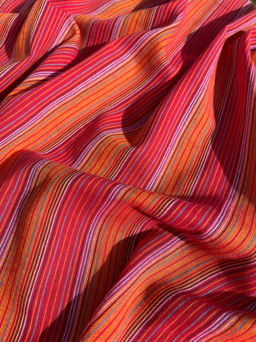 Metreyle Organik Pamuklu Kumaş, Çizgili İplik Boyalı Kumaş, Geniş En. Pembe Kırmızı Çok Renkli Seçenekler.