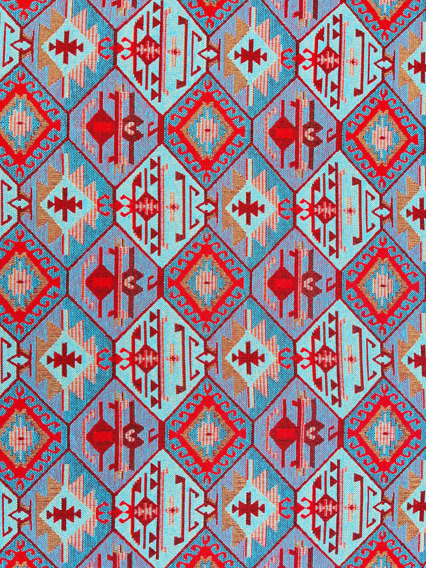 Ağır Gramajlı Kalın Jakarlı Pamuklu Kumaş Metre Başına 400/m2 - Döşemelik Geleneksel Anadolu Etnik Desenli - Döşemelik Kumaşlar. %70 Pamuk %30 Polyester - 140 cm Genişlik. Kilim Dokuma.