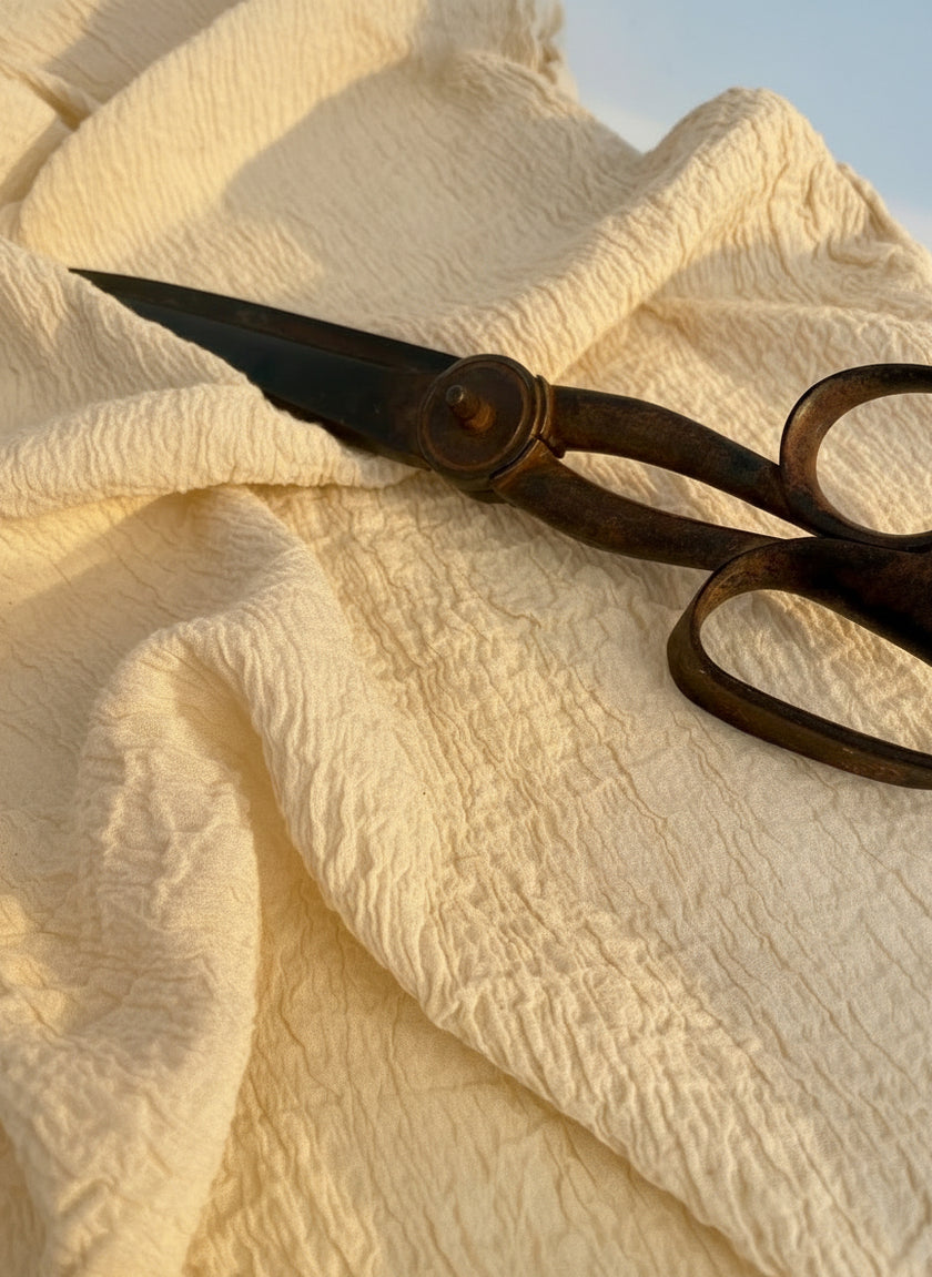 Nötr Esnek Buruşuk Pamuklu Kumaş, Dokulu Yüzey, Kırık Beyaz El Dokuma Pamuk, Yarı Şeffaf, Ağartılmamış Organik Bej Pamuk.