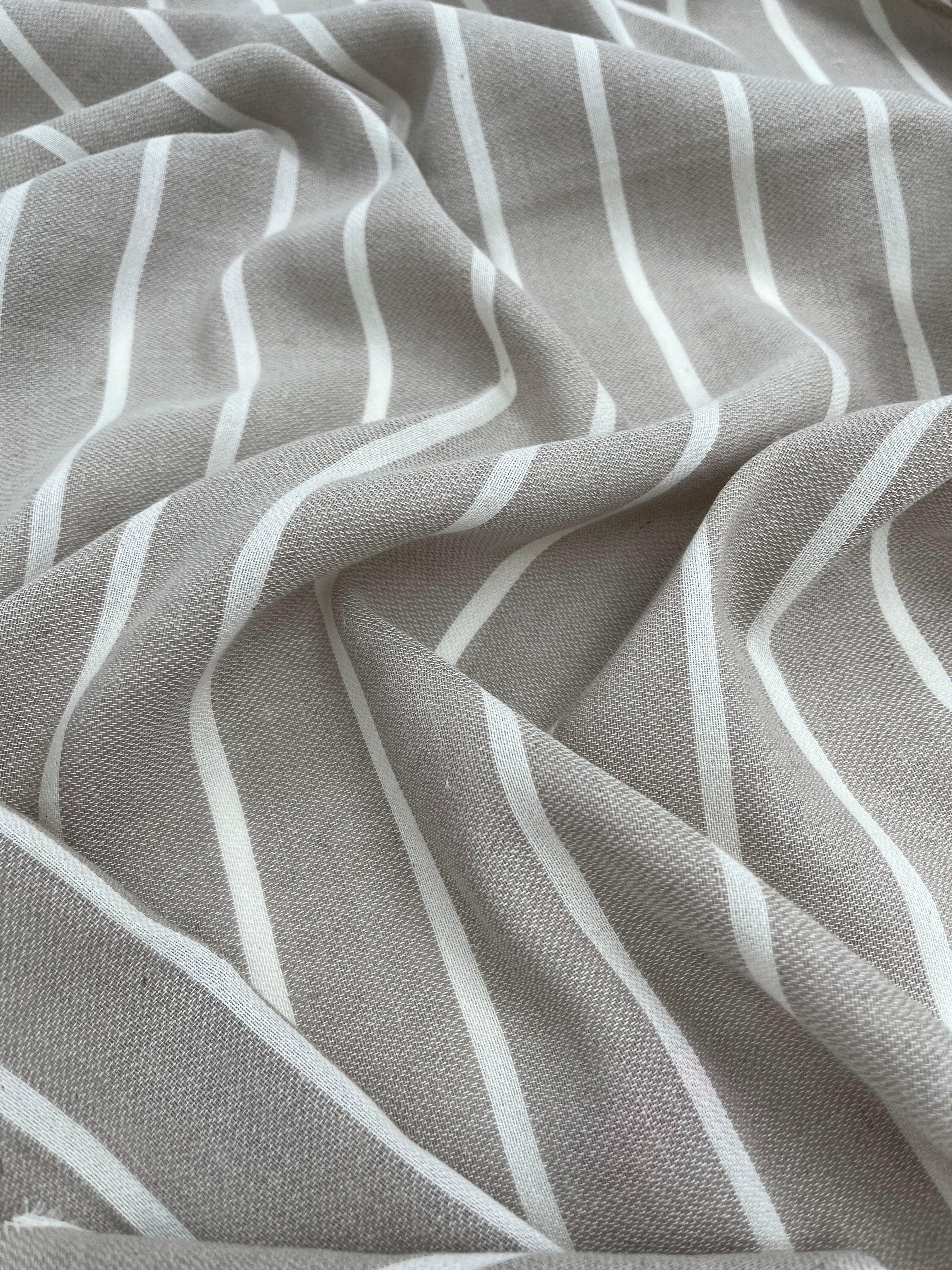 Gray- White Striped Linen Organic Cotton Blended Fabric By The Meter.
