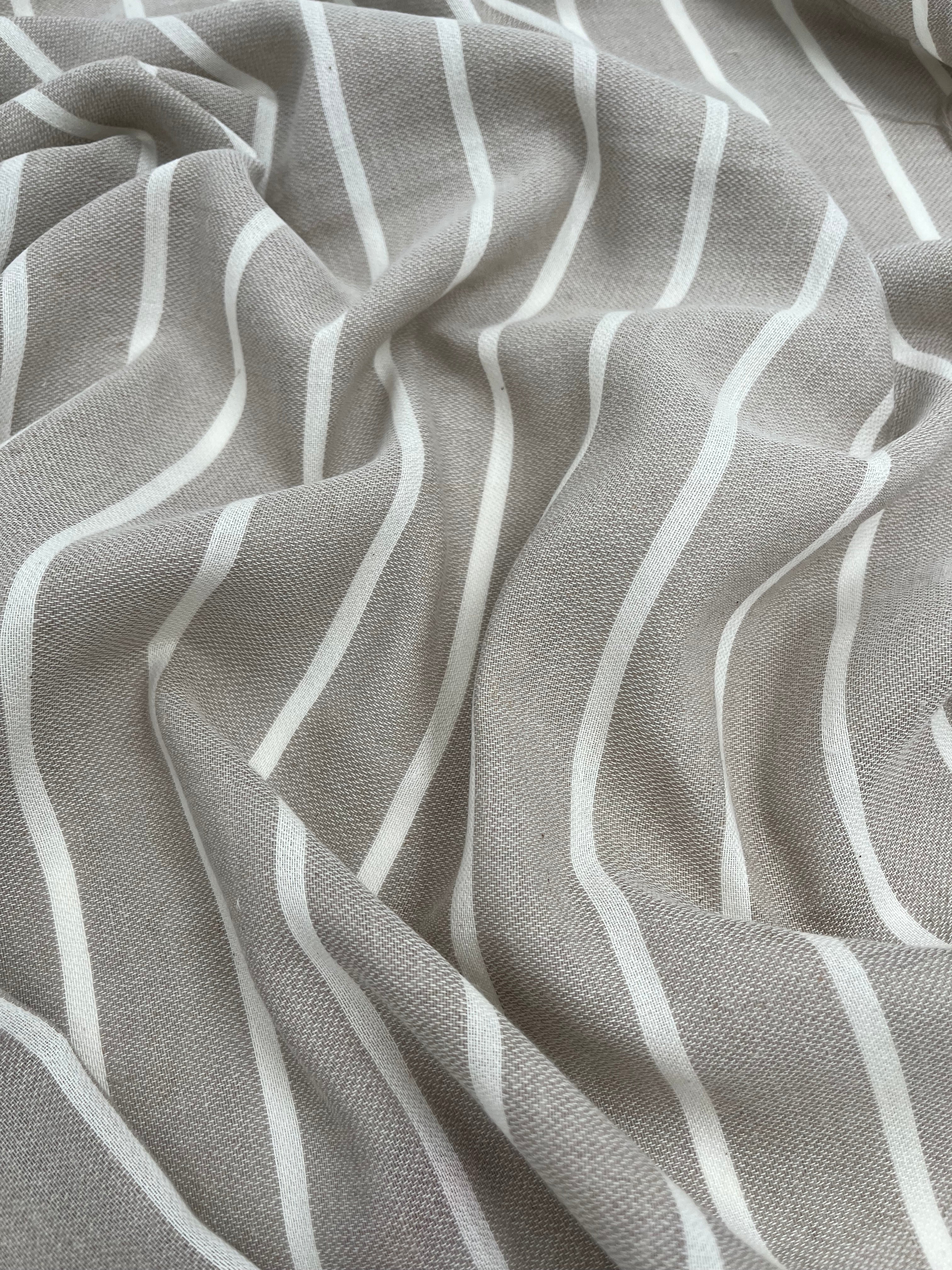 Gray- White Striped Linen Organic Cotton Blended Fabric By The Meter.