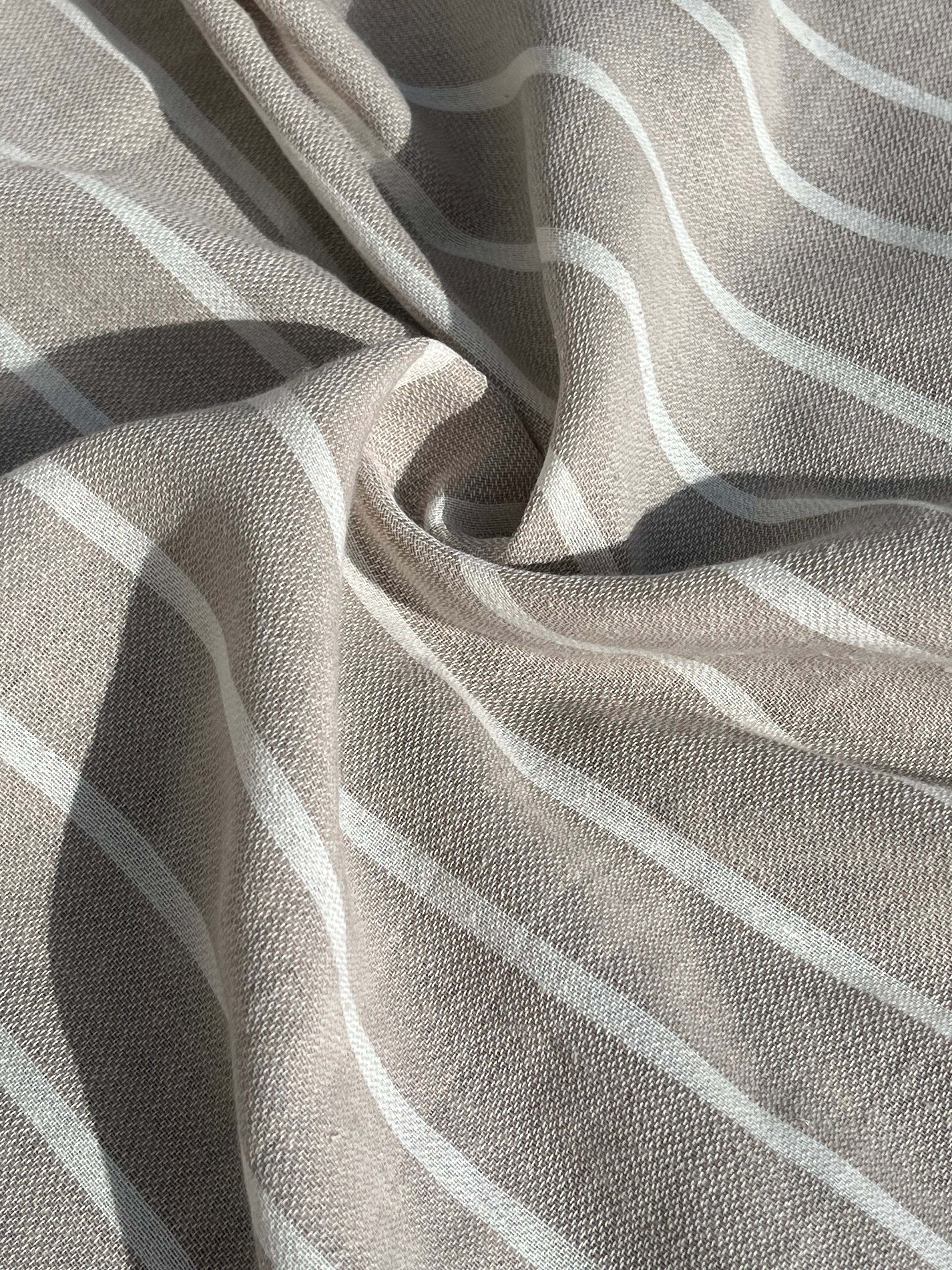 Gray- White Striped Linen Organic Cotton Blended Fabric By The Meter.