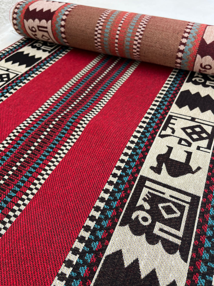 Ağır Ağırlık Kalın Jakarlı Pamuklu Kumaş Metre 400/m2 - Döşemelik Geleneksel Anadolu Etnik Desenli - Döşemelik Kumaşlar. %70 Pamuk %30 Polyester - 140 cm Genişlik. Halı Dokuma Mavi, Kırmızı, Sarı, Siyah Çok Renkli Seçenekler