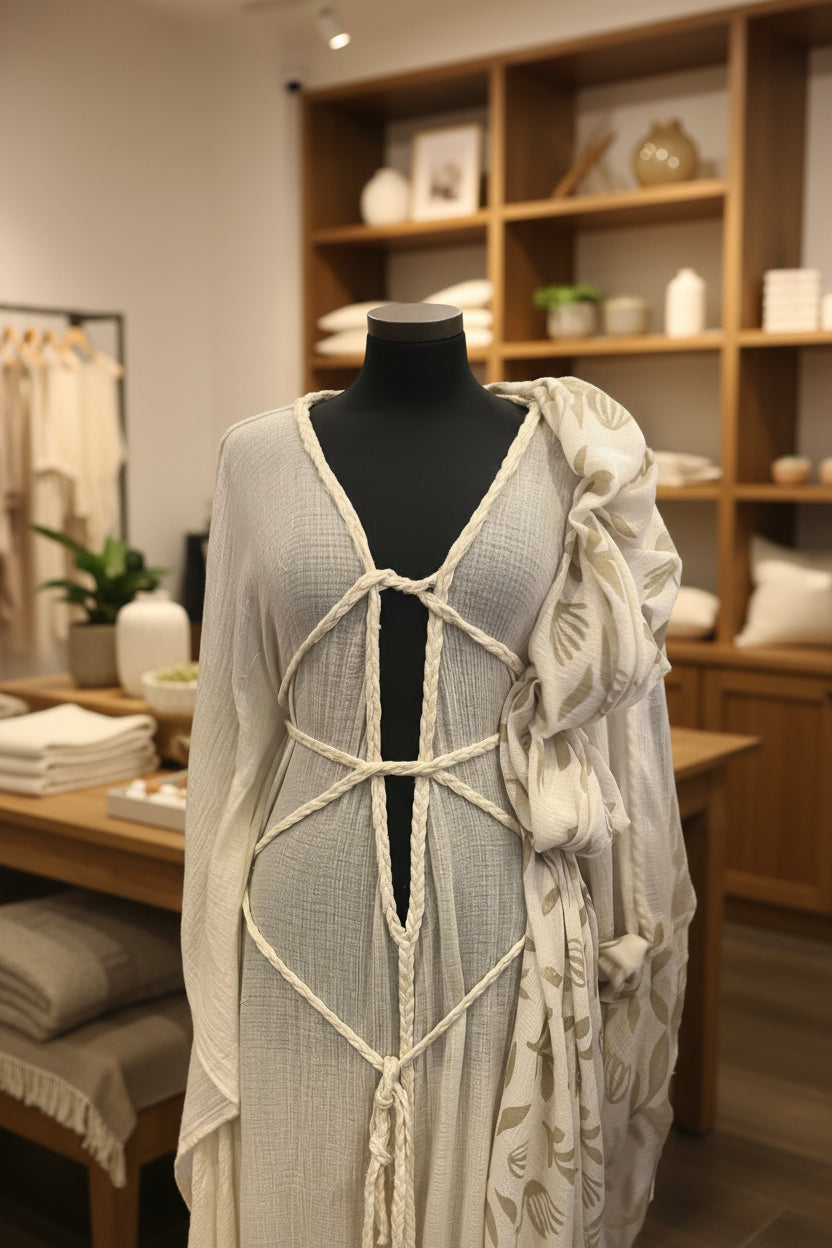 Hollow Mesh Organik Pamuklu Kumaş, Bej Beyaz Balıksırtı Desenli Şeffaf Kırışık Şeffaf Pamuklu Kumaş