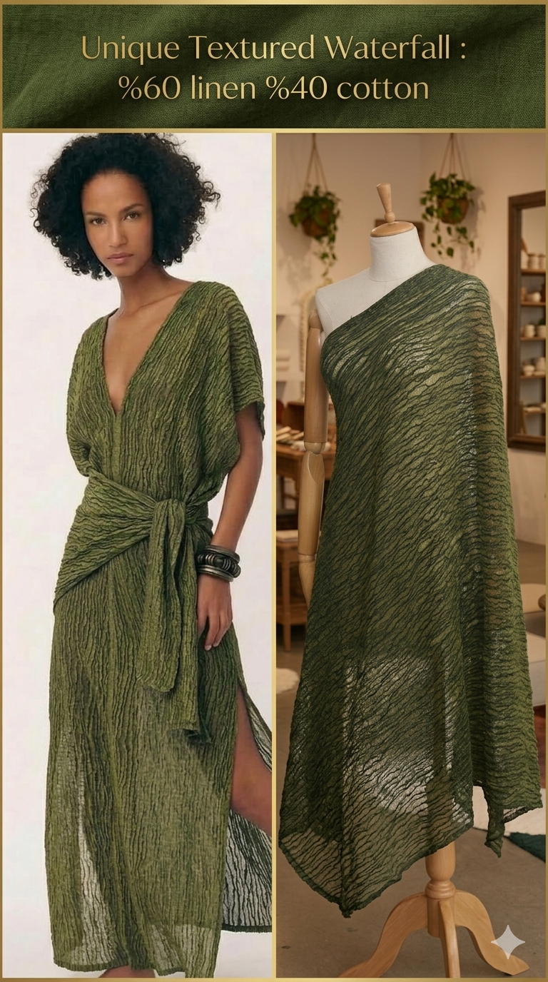 Green Linen Fabric By The Yard Textured Handloom Semi-Sheer Natural Fabrics.
