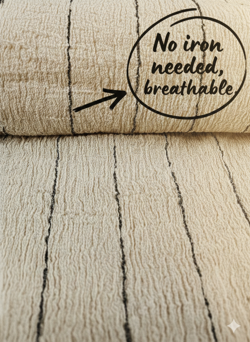 Neutral Stretchy Crinkle Cotton Fabric, Textured Surface,Off White Ivory Colour.