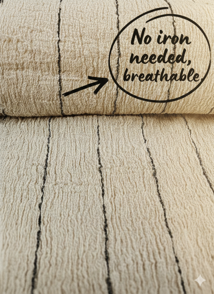 Neutral Stretchy Crinkle Cotton Fabric, Textured Surface,Off White Ivory Colour.
