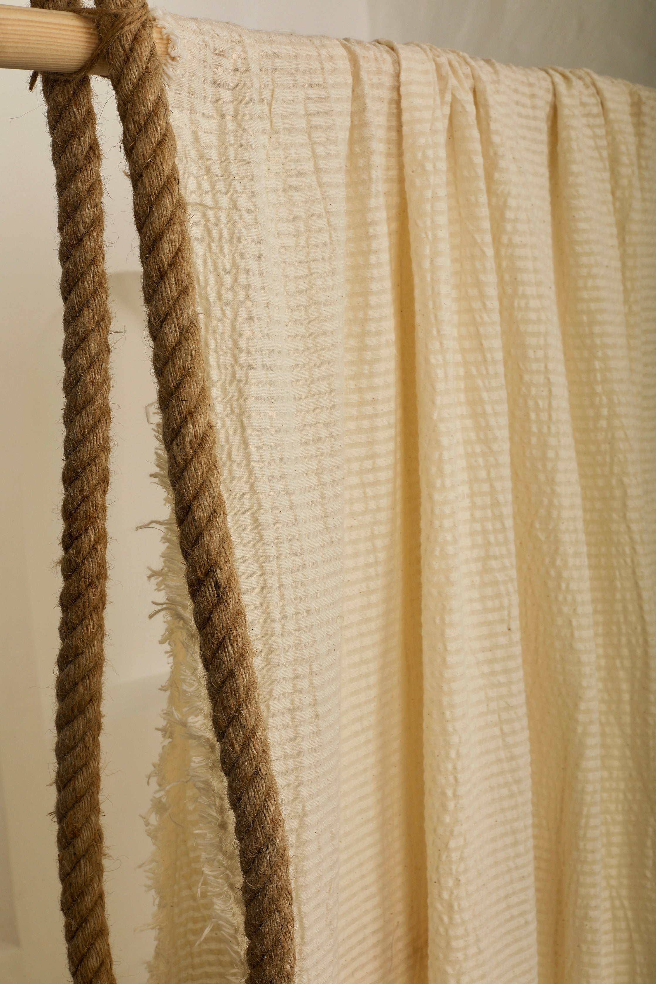Ecru Cotton Linen Fabric By The Meter, Neutral Undyed Pin Stripes.