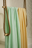 Yellow Striped Organic Cotton Fabric By The Meter, Crinkle Fabric With Pin Stripes.