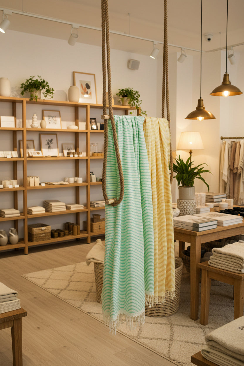 Metre ile Sarı Çizgili Nötr Organik Pamuklu Kumaş, Çizgili Buruşuk Kumaş, Geniş En.