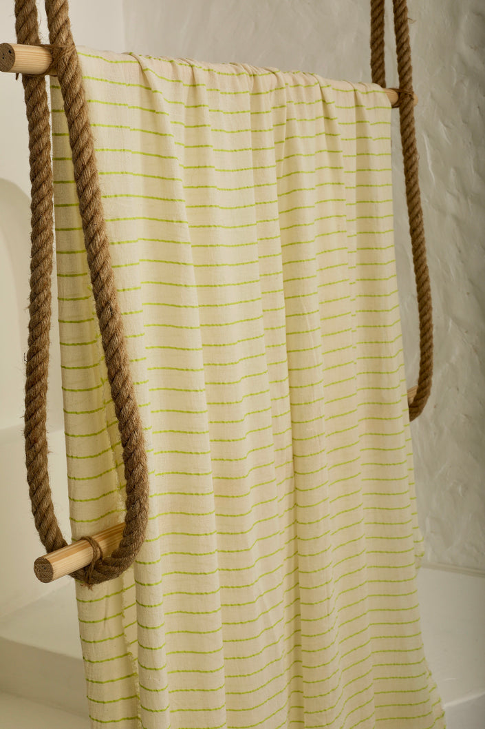 Green Striped Neutral Organic Cotton Fabric By The Meter.