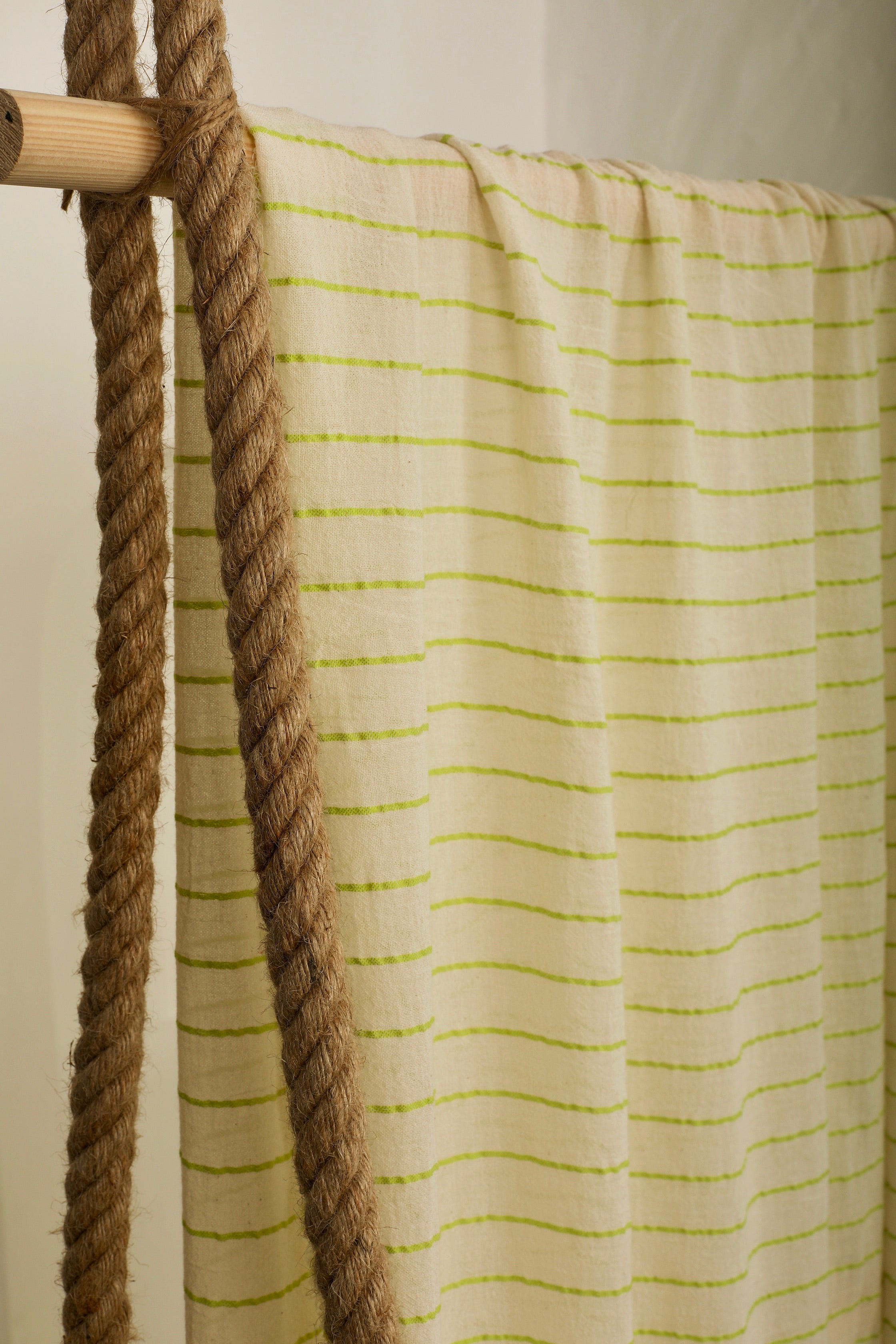 Green Striped Neutral Organic Cotton Fabric By The Meter.