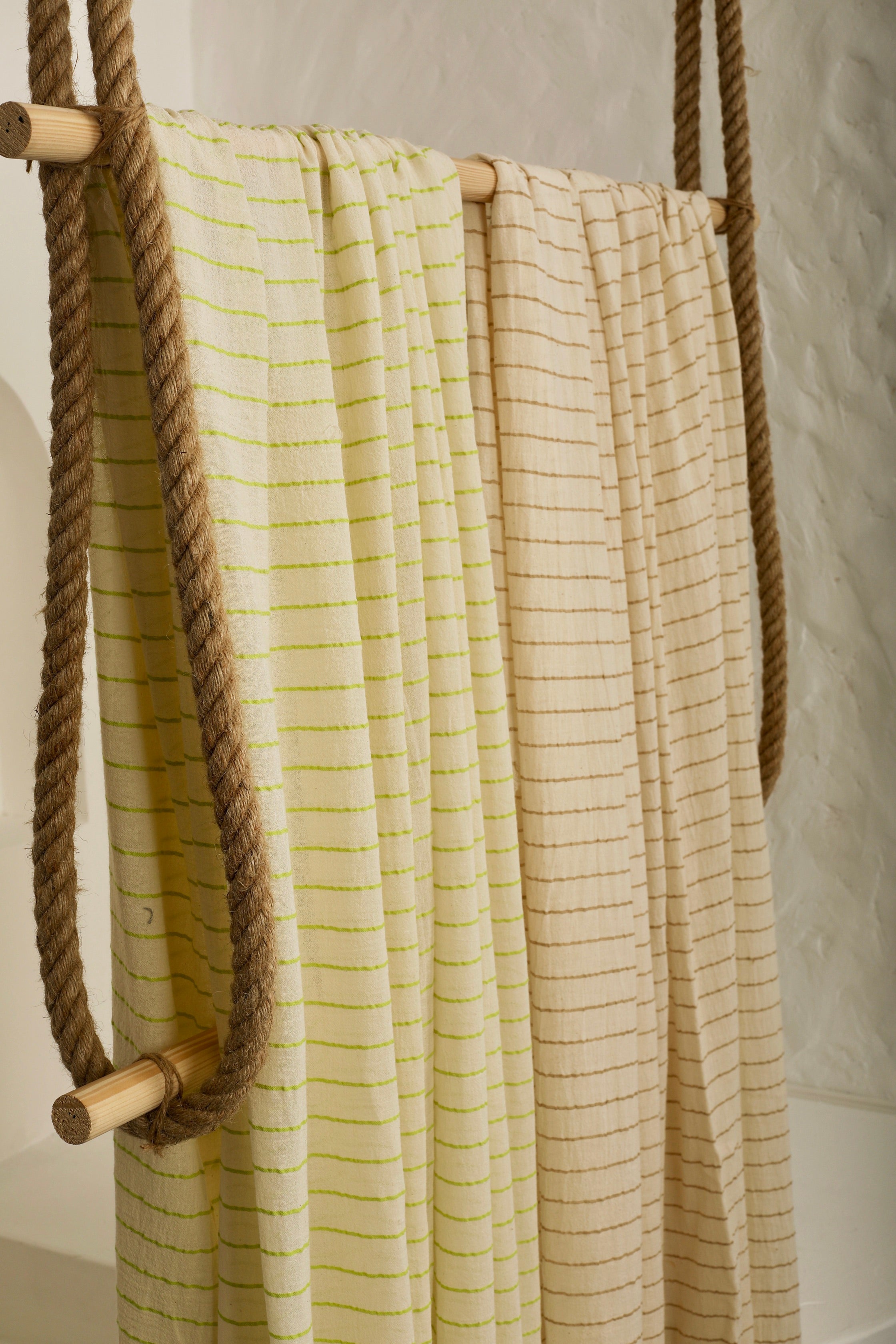 Green Striped Neutral Organic Cotton Fabric By The Meter.