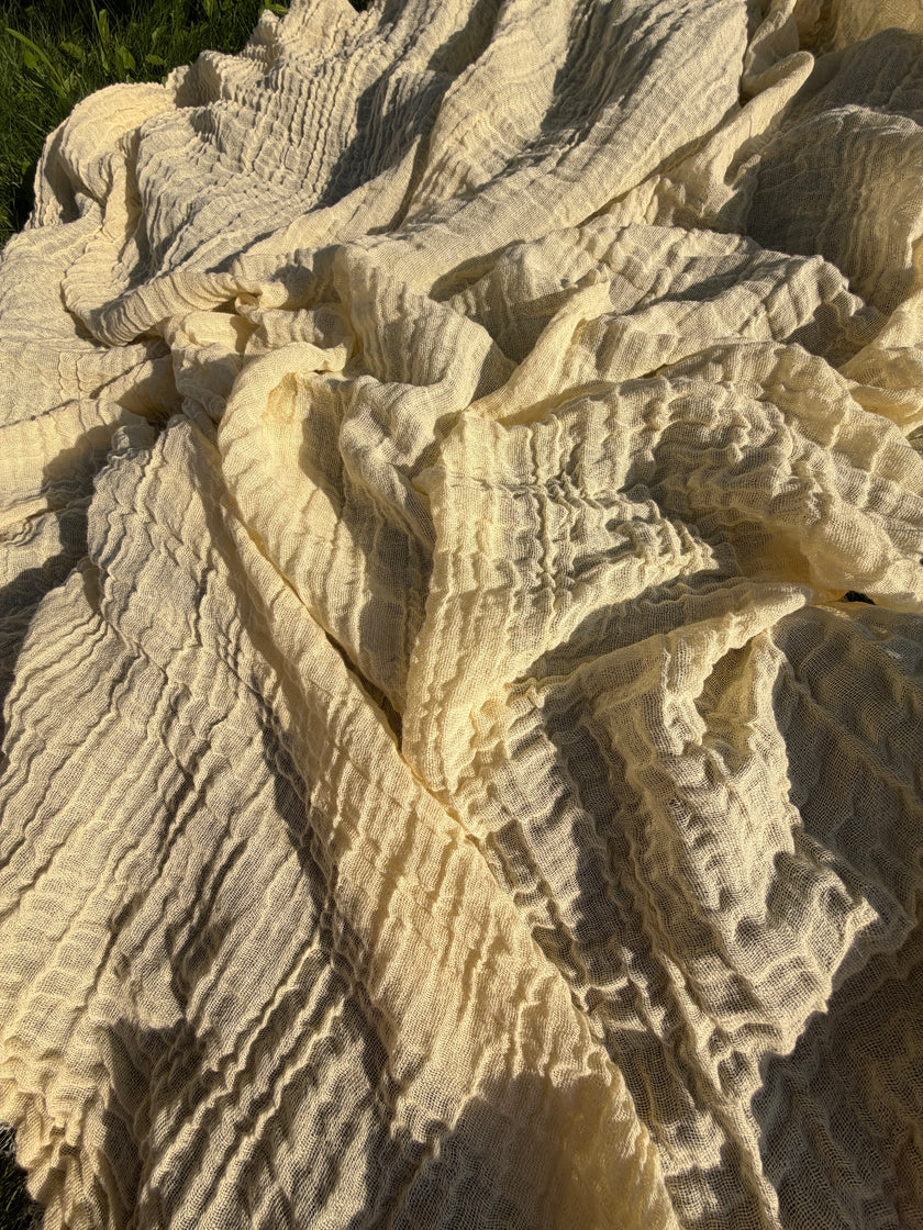 Stretchy Crinkle Cotton Fabric, Textured Surface, Black & Natural White & Butter Yellow